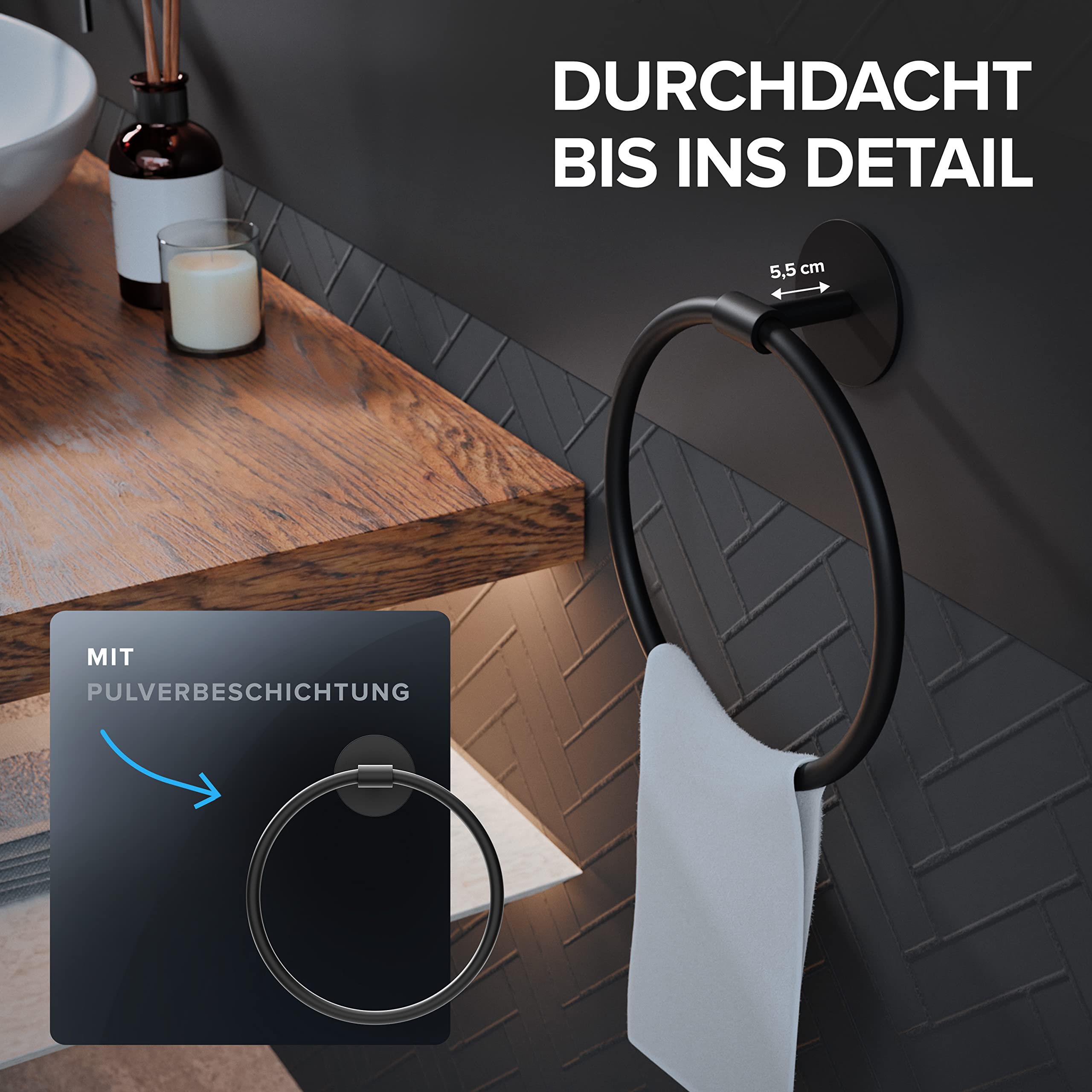 ovimar Handtuchring Halsnoy | rund | schwarz | ohne Bohren | Zeitloses Design | zum Kleben | Handtuchhalter für das Badezimmer