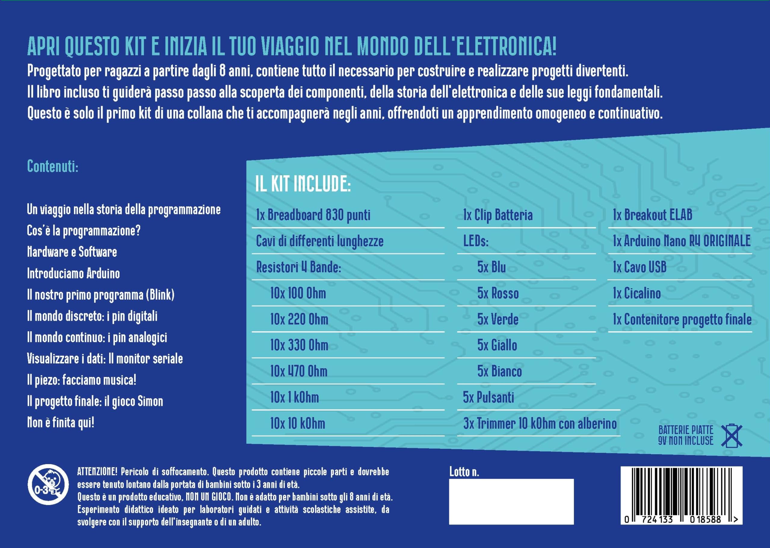 ELAB – Laboratorio STEM di Elettronica Volume 3 | Kit Didattico Coding con Arduino™ Nano R4 Originale, Manuale Guidato, Breadboard e Componenti per Progetti | Arduino™ Nano R4 Originale, Manuale Guidato, Breadboard, Componenti per Progetti
