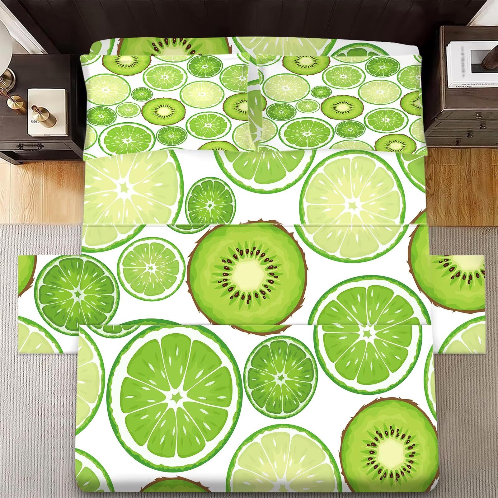 FUYEUN Kiwi Fruit Sheet Set Twin: Green Chinese Gooseberry Bedding Set for Kids Teens Girls Summer Fruits Bedroom Bed - 1 Flat Sheet, 1 Fitted Sheet, 1 Pillowcase