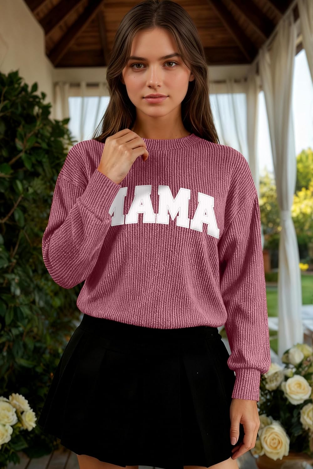 Mama Sweatshirts for Women Mama Graphic Ribbed Long Sleeve Shirts Mom Casual Crewneck Fall Pullover - Image 5