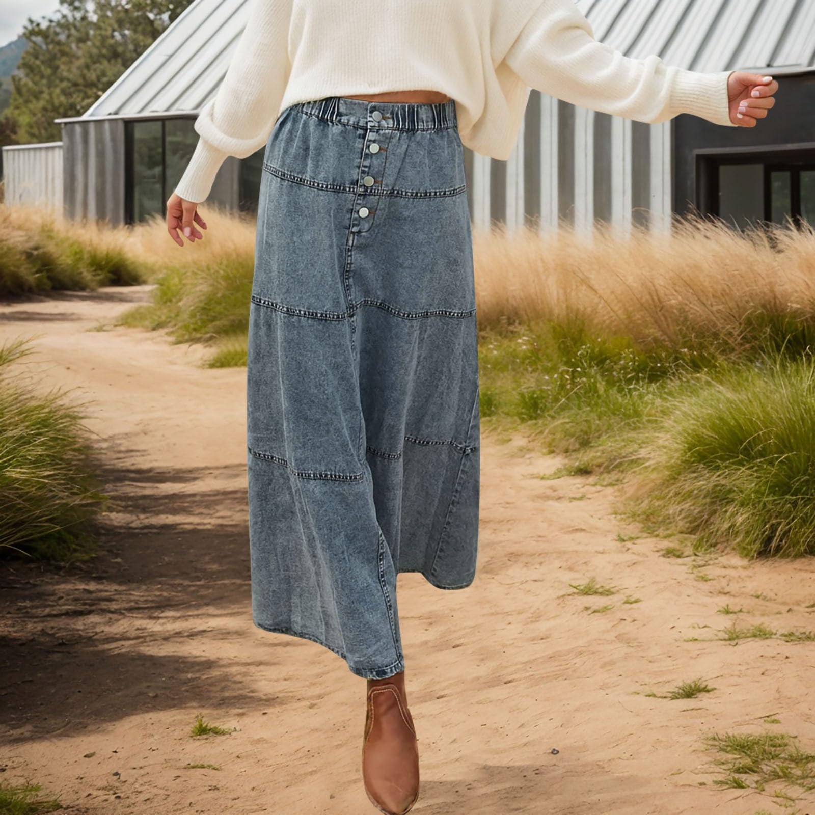 Gonna in Denim Patchwork a Strati con Linea A in Stile Boho da Donna