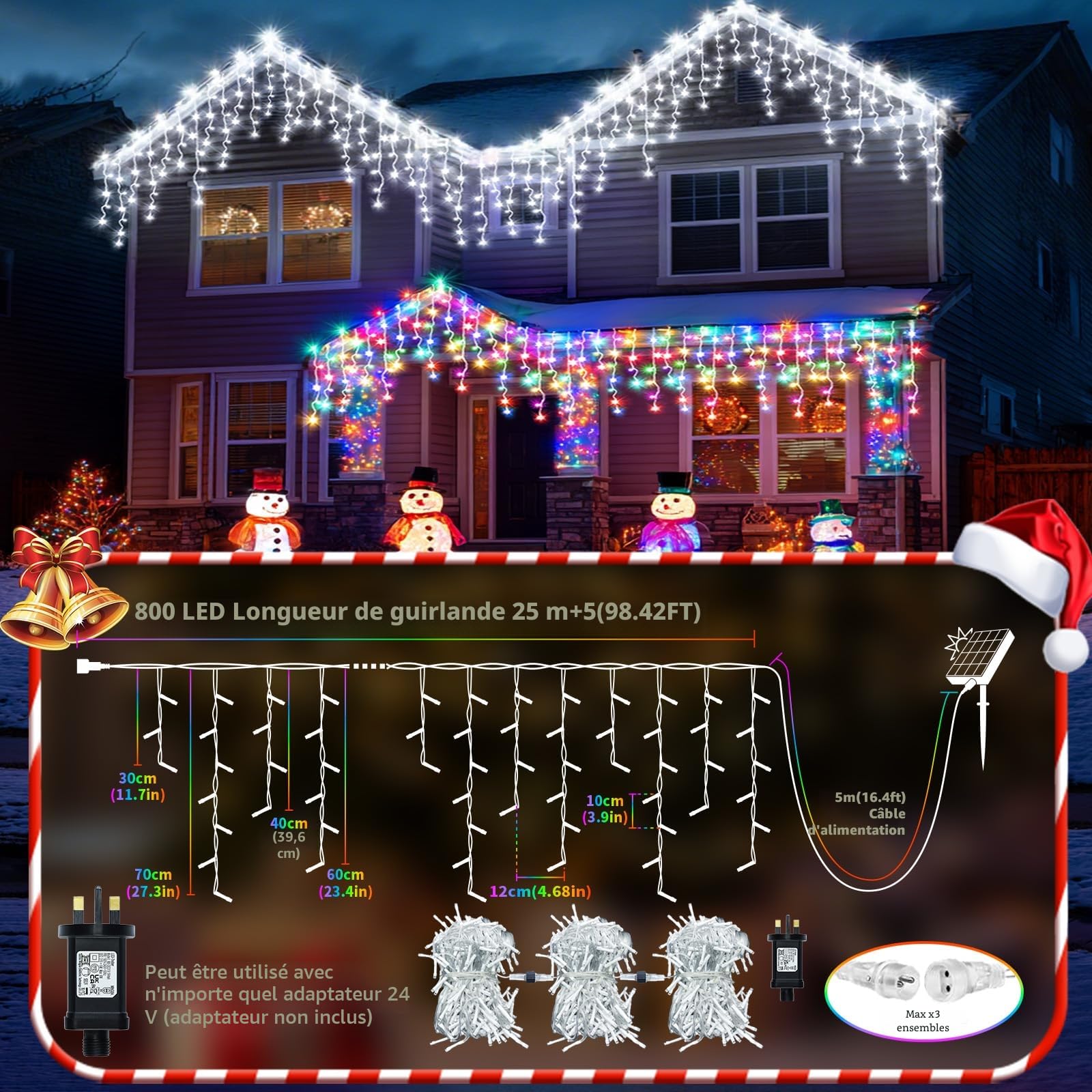 2500mAh Solaire Guirlande Lumineuse Extérieure,25+5M 800LED 3 In 1 Guirlande LED étanche Noel Extérieur, Avec 8 Modes & Timer et Mémoire Déco Noel Extérieur Coloré