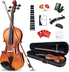 Vangoa Conjunto inicial de violino 3/4 para iniciantes em violino acústico para estudantes com estojo de violino, resina, descanso de ombro, afinador, cordas, arco de violino, adesivo de fingerboard, mudo, natural