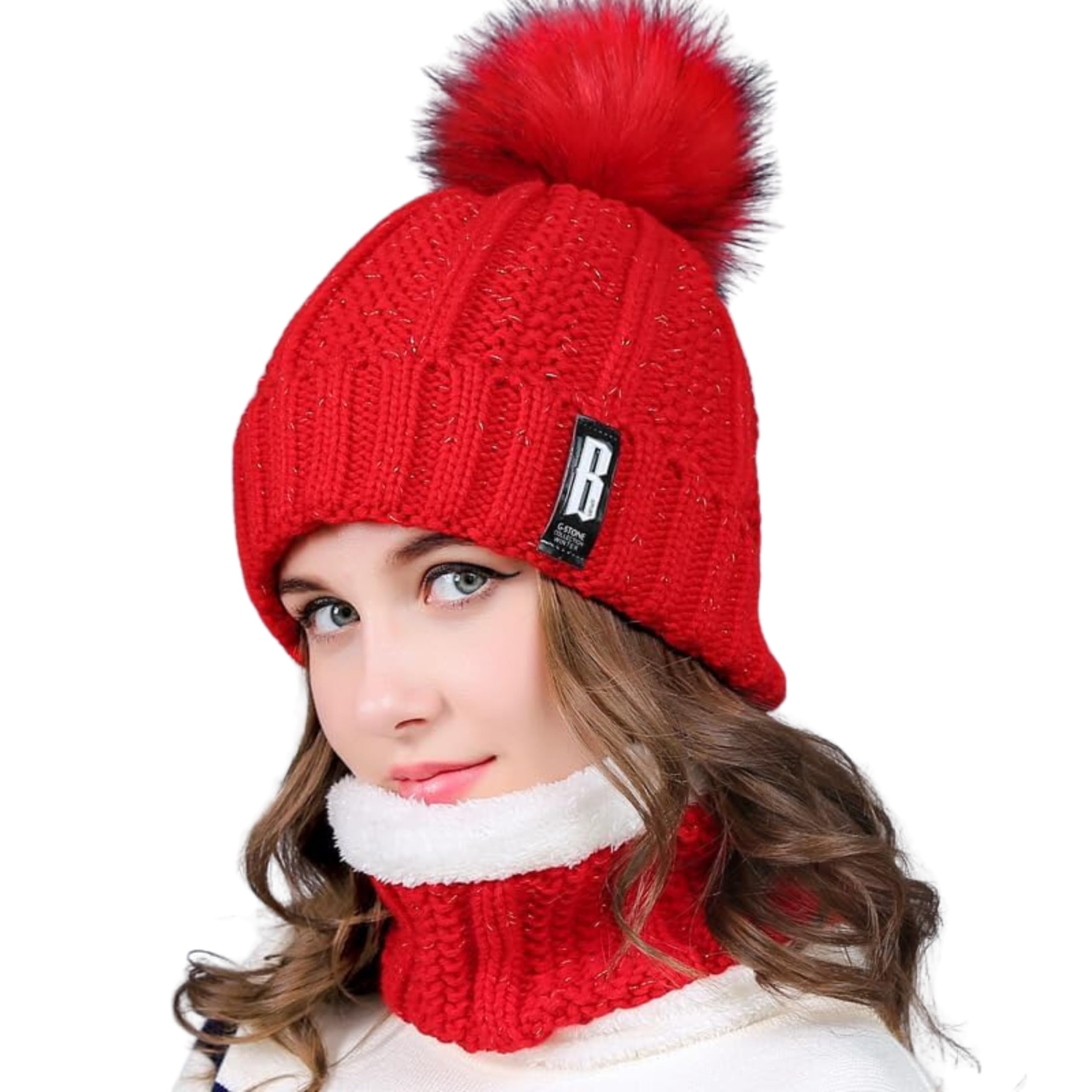 Drumstone Stylish Knitted Beanie & Scarf Set for Women, Faux Fur Winter Hat, Warm Fleece Lined, I for Outdoor, for Cold Weather-image-24