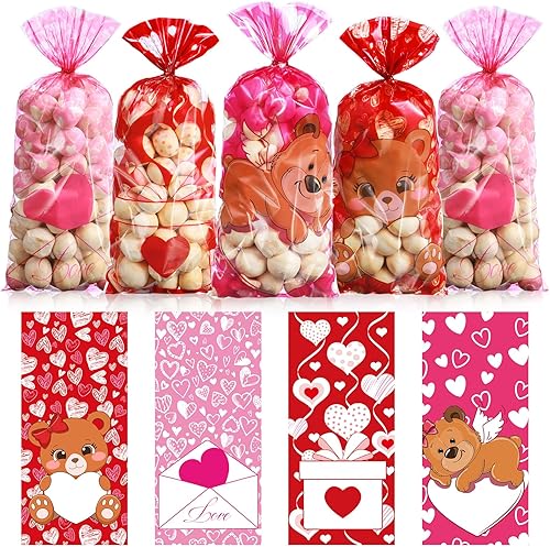 Pasimy 100 bolsas de regalo de San Valentín, bolsas de celofán para el día de San Valentín, bolsas de regalo de plástico con lazos giratorios,