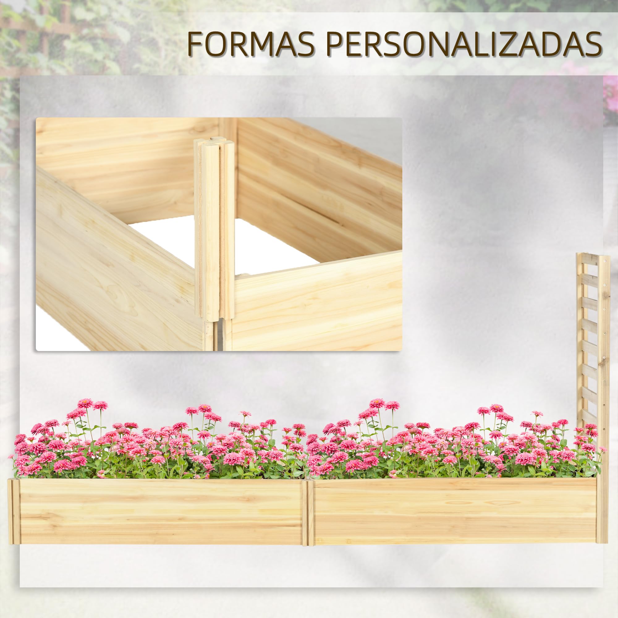 Outsunny Jardinera Exterior Grande de Madera Jardinera con Enrejado para Plantas Trepadoras y 2 Cajas de Cultivo para Terraza Patio Balcón 230x60x110 cm Madera Natural