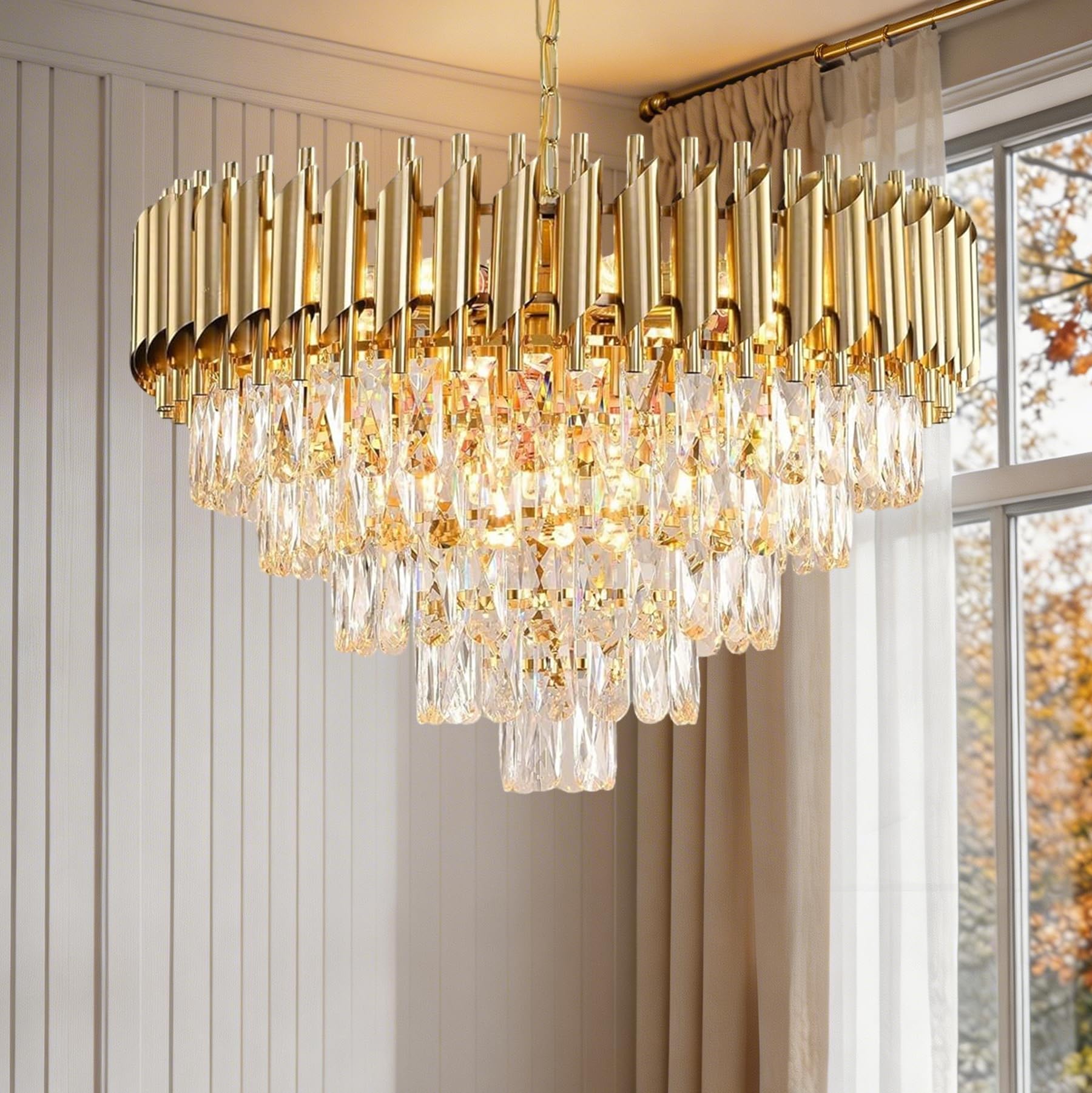 Mssian Gold Large Modern K9 Crystal Chandelier 5-Tier W60cm, Pendant Light