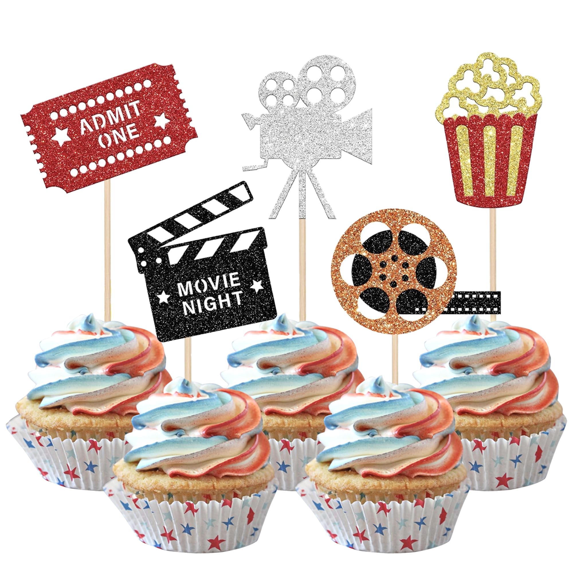 30 Pack Movie Theater Cupcake Toppers Glitter Night Roll Camera Popcorn Cupcake Picks Hollywood Theme Baby Shower Kids Birthday Party Cake Decorations Supplies