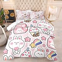 Vista 12 de CVHOUSE Juego de ropa de cama Kawaii tamaño Queen, juego de ropa de cama de conejo Kawaii para niñas y niños, lindo juego de edredón de conejo