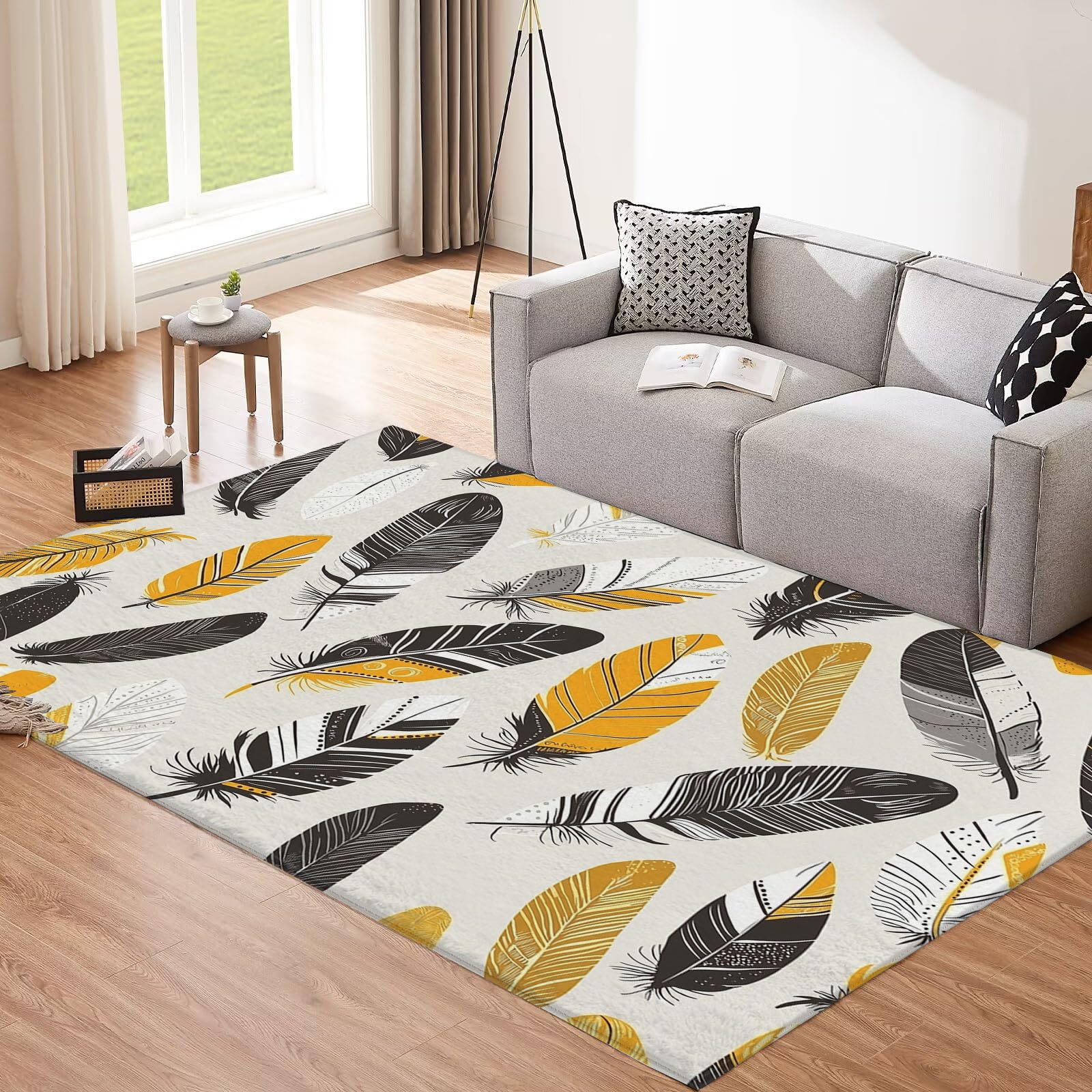 Teppich Senfgelb Feder rutschfest Waschbar Teppiche, Böhmen Abbildung Druck Raumteppich für Schlafzimmer Kinderzimmer Esszimmer Kurzflor Elfenbein Wohnzimmer 80x150cm Schlafzimmerteppich
