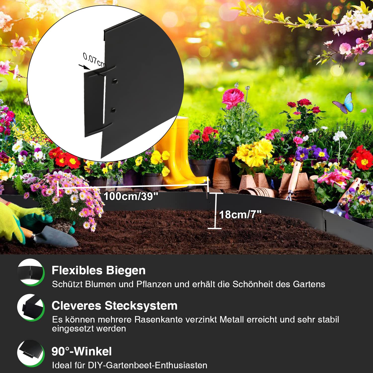 Bordure de pelouse en métal 25m - 25 pièces Bordure de Tonte, galvanisée Flexible Bordure de Parterre Longueur par Bande 5m - Hauteur 15cm, Noir