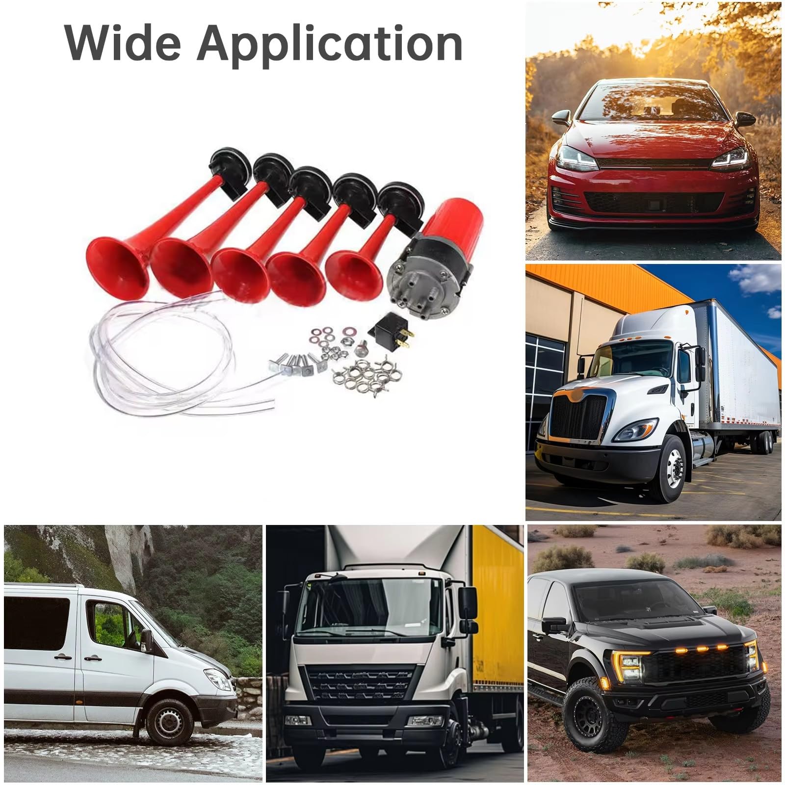 NEWFUN Klaxon Camion 12v, Klaxon Voiture, Trompette Tracteur, Avertisseur Sonore à Air Comprimé avec Compresseur - Pour Toutes les Voitures 12V Camions Trains Automobiles Bateaux, Lot de 5