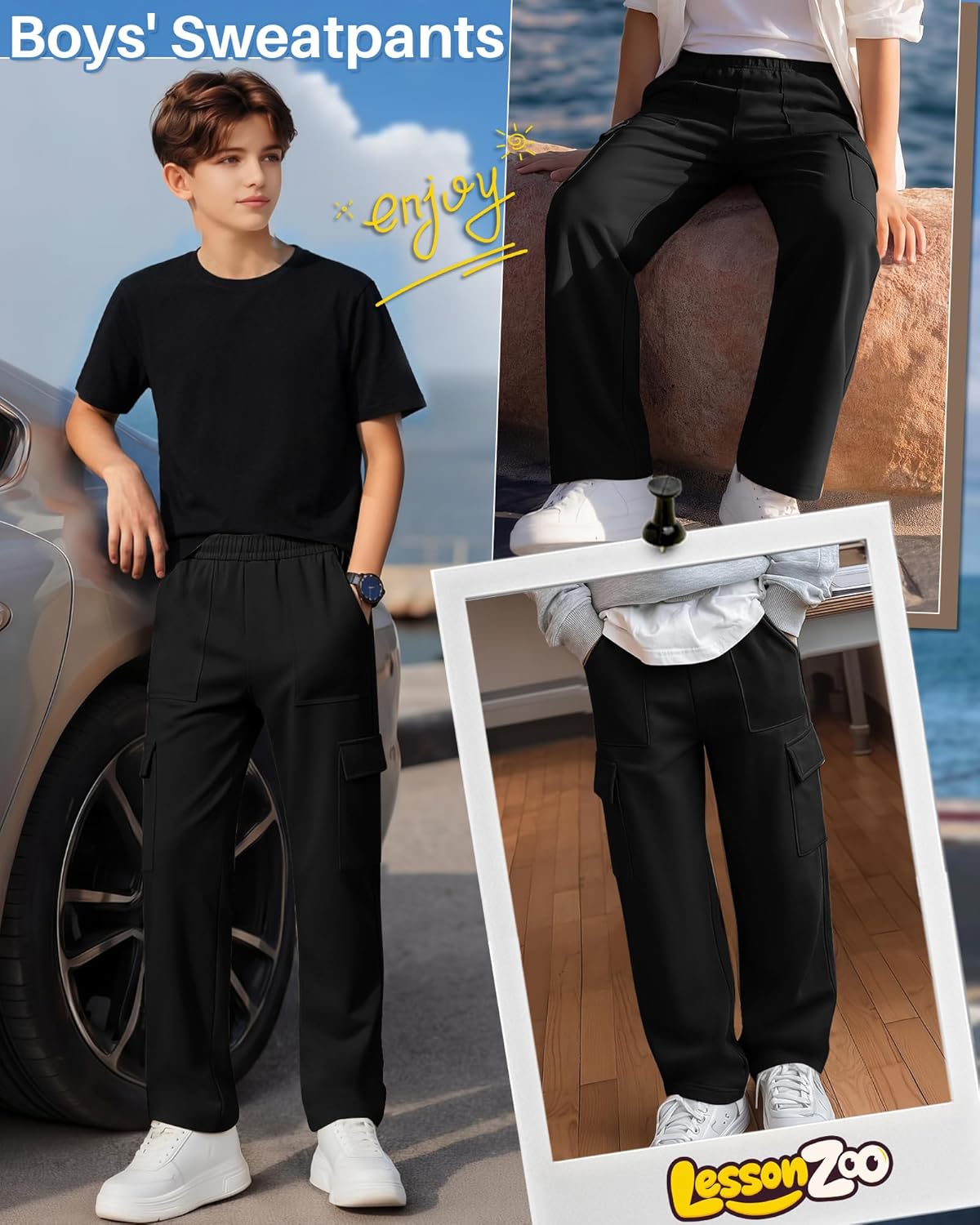 Boy's Cargo Sweatpants Baggy Straight Leg Pants Elastic Waist Open Bottom Athletic Joggers with Pockets - Image 4