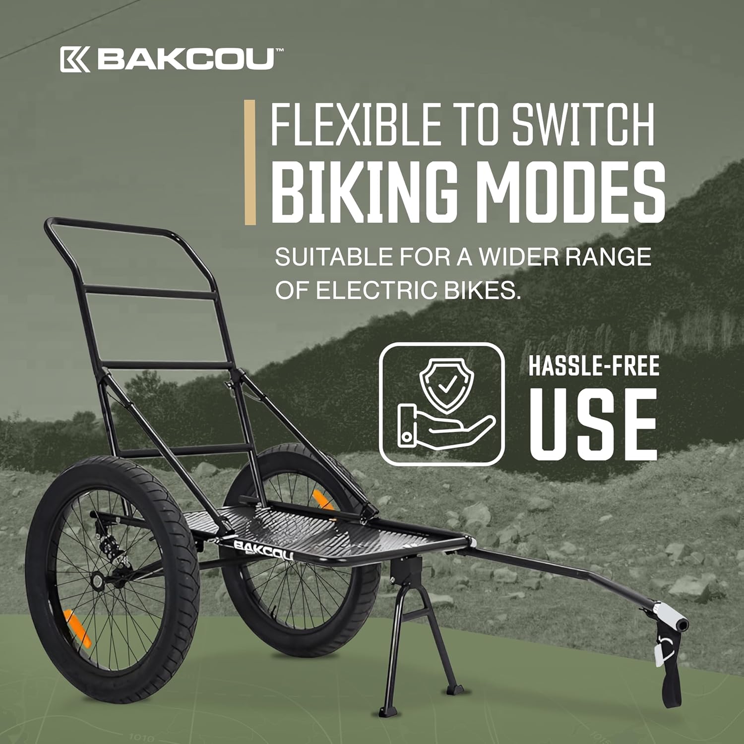 Bakcou - Folding Utility eBike Trailer - Hitch Attachment, Axle Extenders, 16x3 Fat Tires, Heavy-Duty Cargo Storage Cart with Canvas Liner