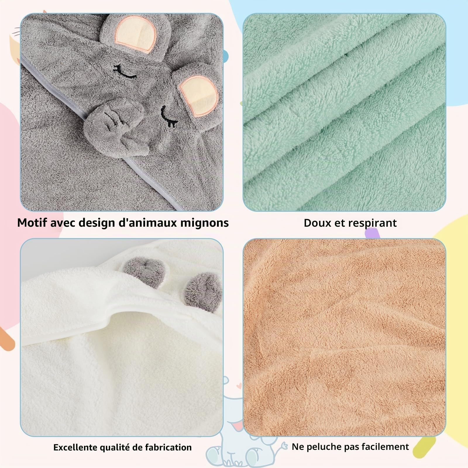 4 pièces Cape de Bain Bébé, Serviette de Bain à Capuche pour Bébé, Sortie de Bain Super Absorbante, Serviettes pour Enfants en Bas âge