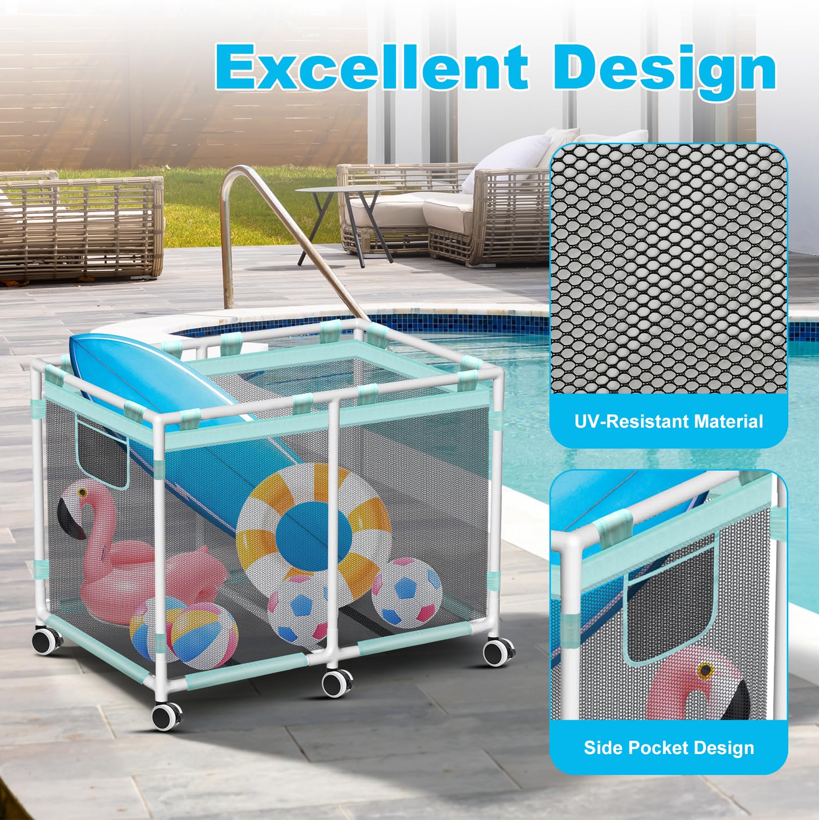 Contenedor de almacenamiento para piscina, 1200 L (69 x 32 x 35 pulgadas), fideos de piscina para accesorios de natación, soporte para fideos, juguetes, flotadores y toallas, almacenamiento resistente