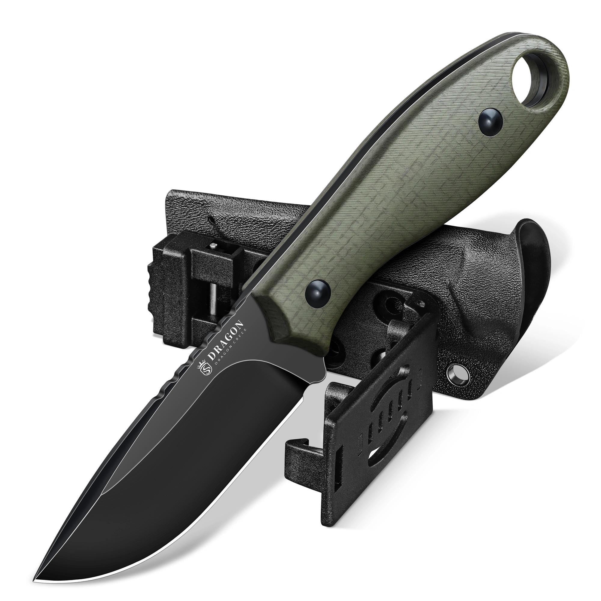 Dragon Creek Kompaktes Outdoor Messer feststehend D2 Stahl, Drop Point Jagdmesser mit G10 Griff, Full Tang EDC Messer mit Kydex Scheide, kleines Camping Bushcraft Messer(Grün) - 1