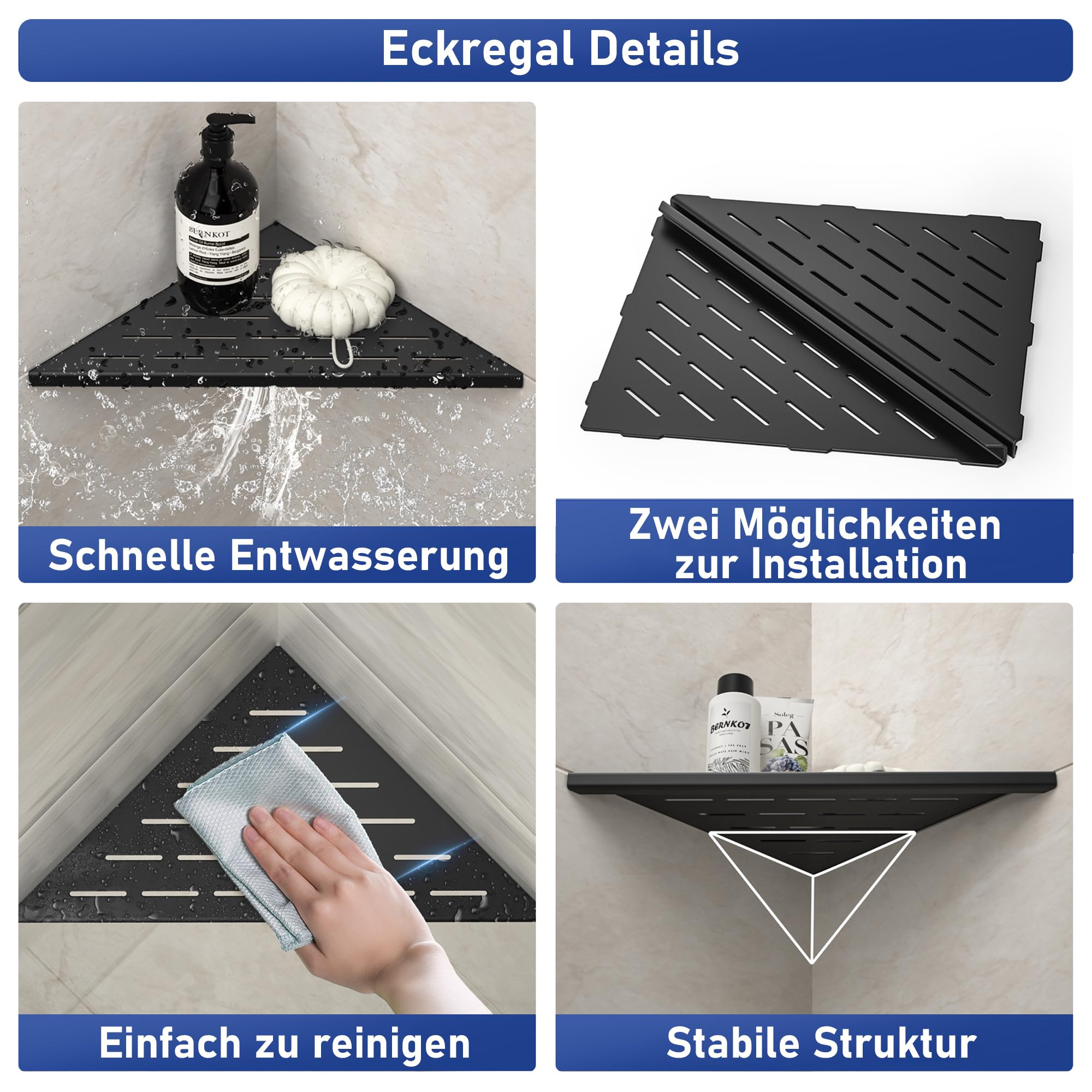 Bernkot Corner Shower Shelf 305mm Matte Black 304 Stainless Steel Recessed Corner Shelf Bathroom Shower Shelf for Tiled Wall No Drilling Pack of 2 - Image 4