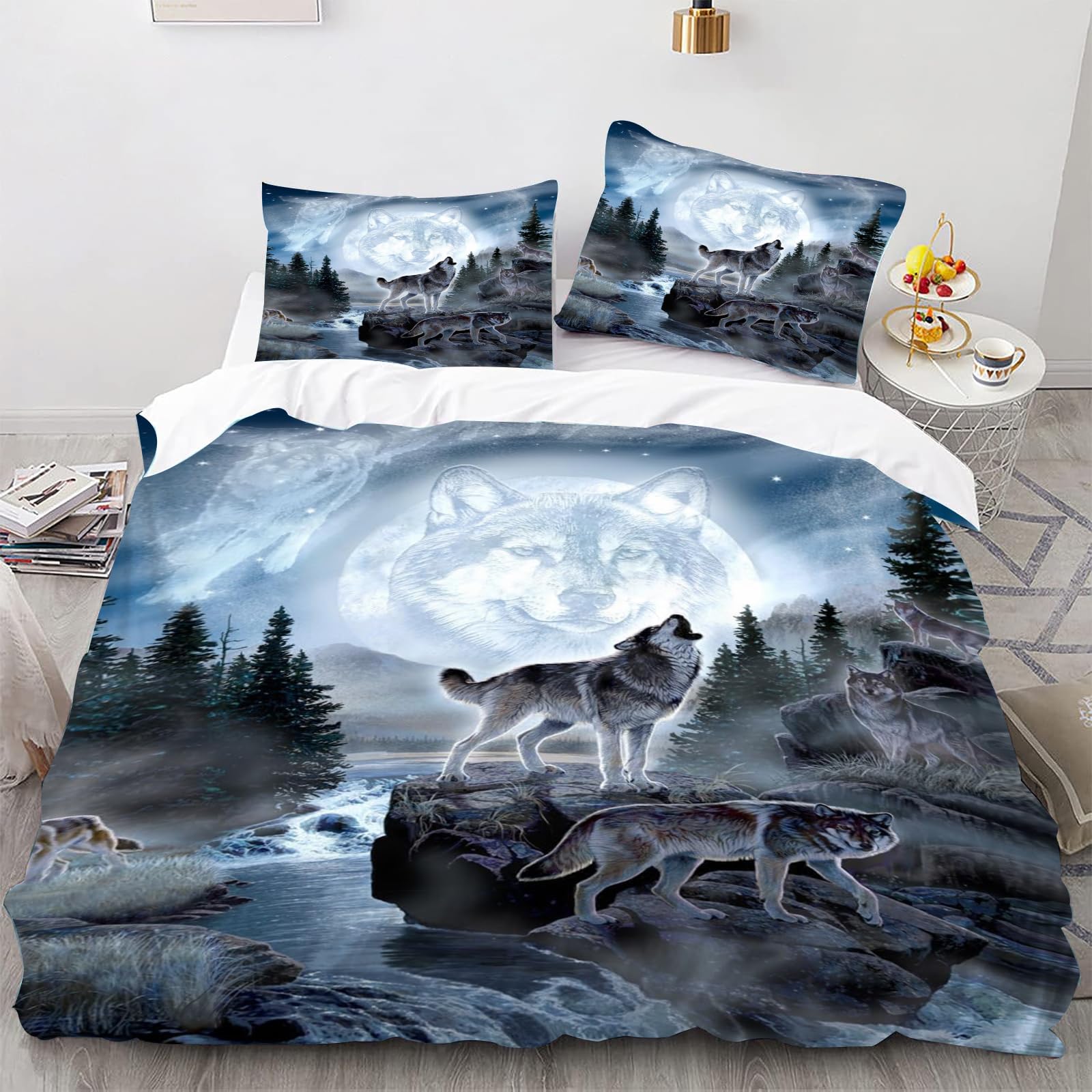 Smchwbc 2 Wolf Bed Linen 135 X 00 Cm Children's Animal 3D Wolf Duvet Cover Set For Teenagers, Wolf Bed Linen Set 3-Piece Black Blue With Zip (135 X 00 Cm, )