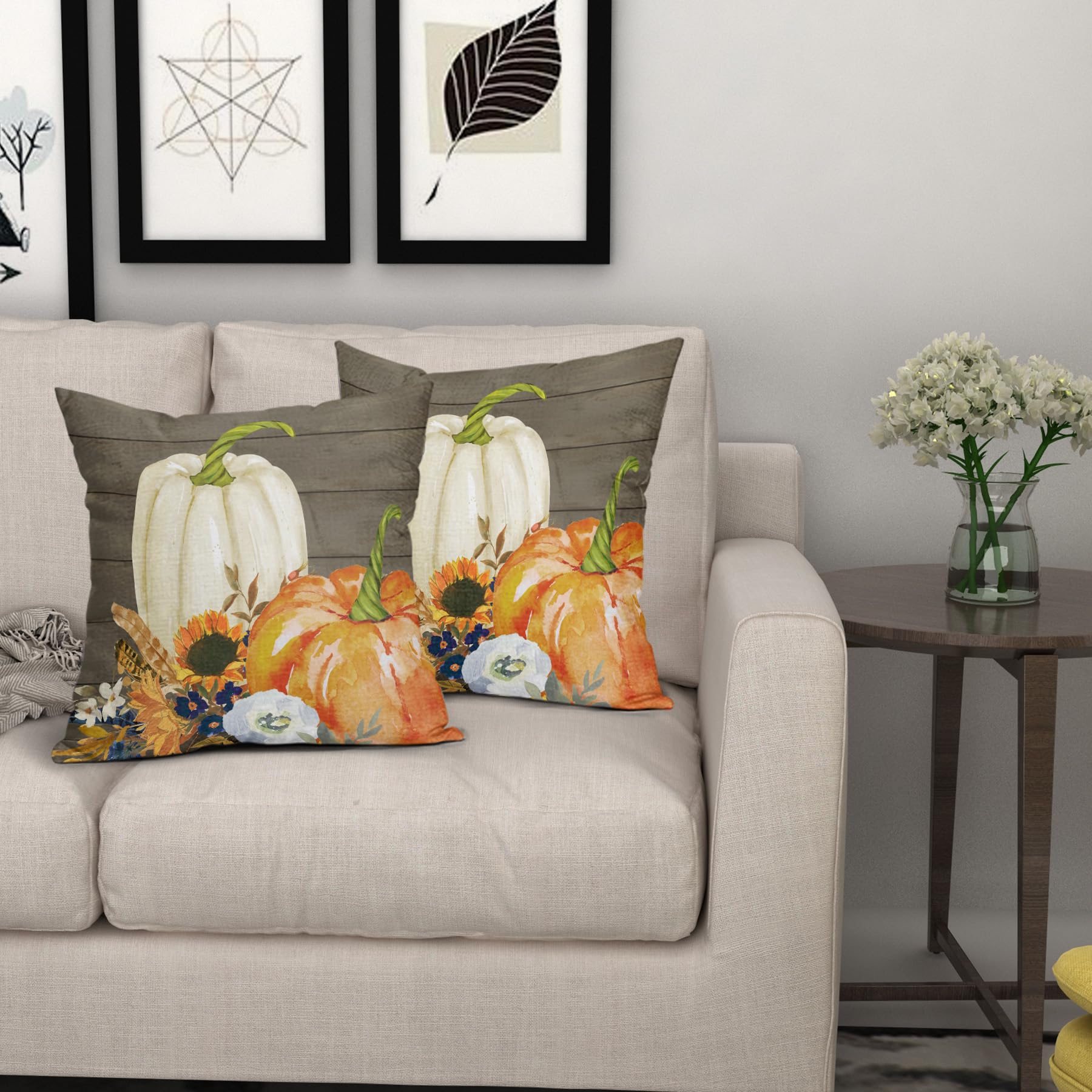Kawani Juego de 2 fundas de almohada de otoño de calabaza blanca y naranja de 16 x 16 pulgadas, diseño de hojas de girasol, decoración del hogar para habitación, porche, patio, sofá al aire libre