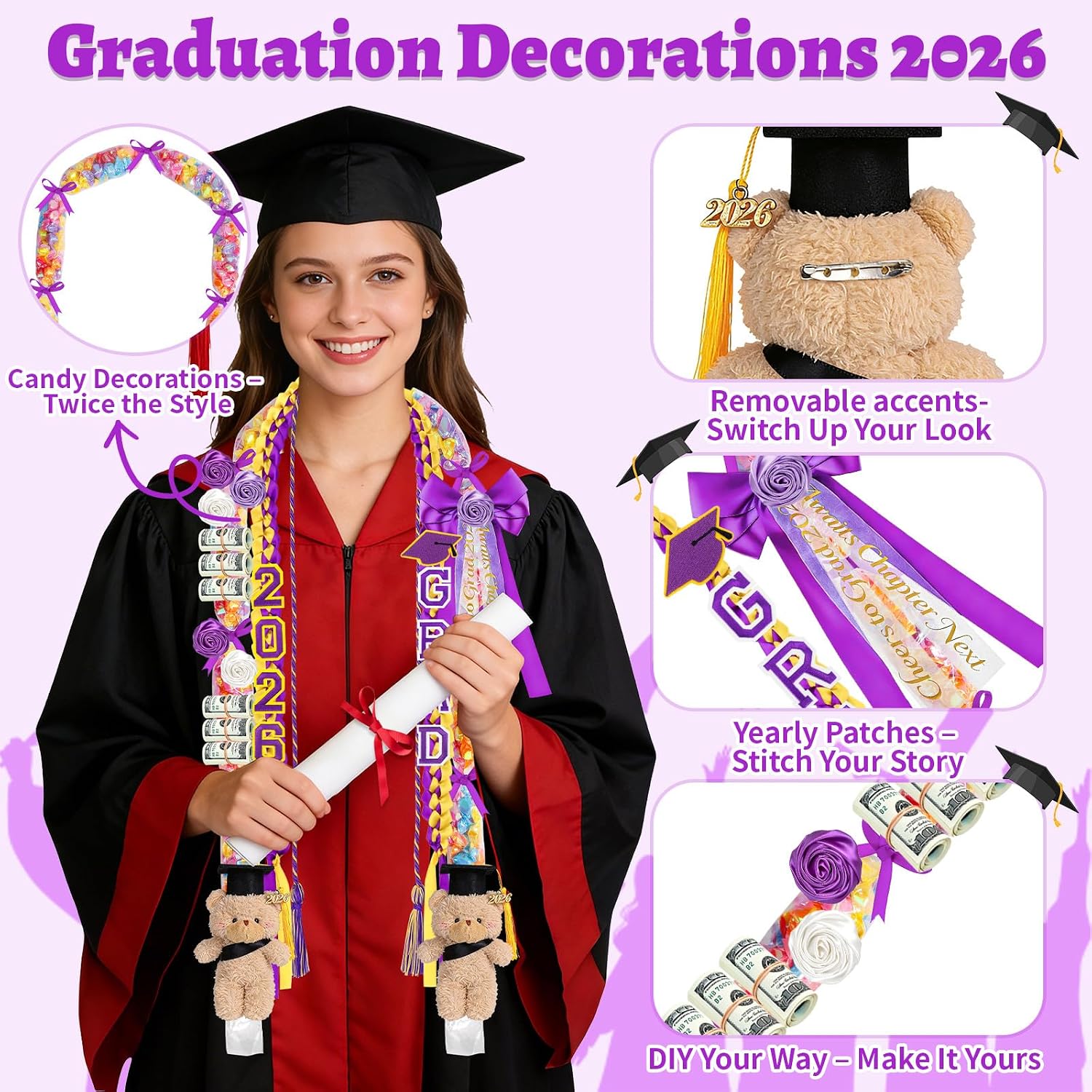 25 Pcs Graduation Candy Lei 2026 with Honor Cord – 50 Inch Money Lei，Graduation Decoration Class of 2026 Grad Gift Party Supplies for Women Men (Purple) image 4