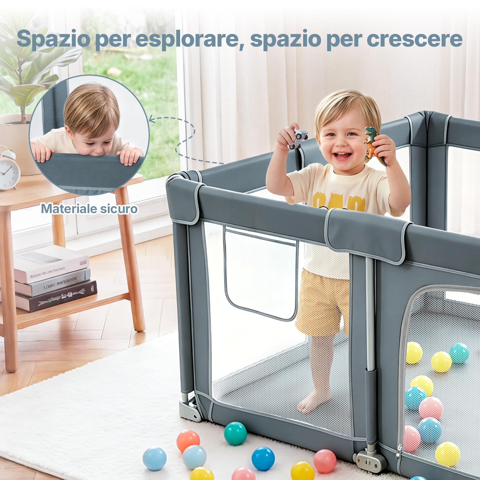 Dripex Box Bambini Pieghevole in Tessuto, 130x130 cm, con Tappeto Imbottito, Recinto Giochi Bebé Grigio Scuro, Area Gioco Protetta per Interno ed Esterno, con Borsa Trasporto, Anelli e Palline