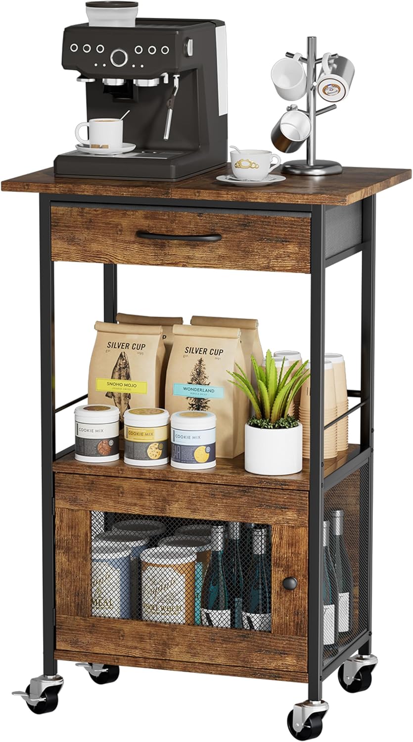 SWTYMIKI Buffets Coffee Bar Cabinet - Rolling Kitchen Rack, Farmhouse Small Coffee Stand with Storage Drawer and Door Cabinet - Kitchen Microwave Stand for Apartment, Living Room, Entryway, Espresso