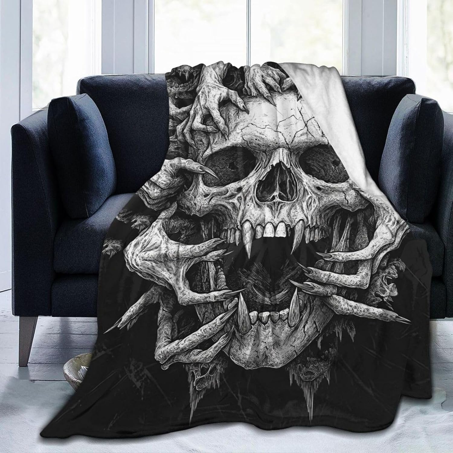 Skull Blanket for Girls Boys Horrible Gothic Throw Blankets Soft Cozy Warm Fuzzy Fleece Cool Black White Bedding Flannel Throws Stuff Gifts for Skull Lovers Kids Men Women Bedroom Decor 50"x40" - Image 6