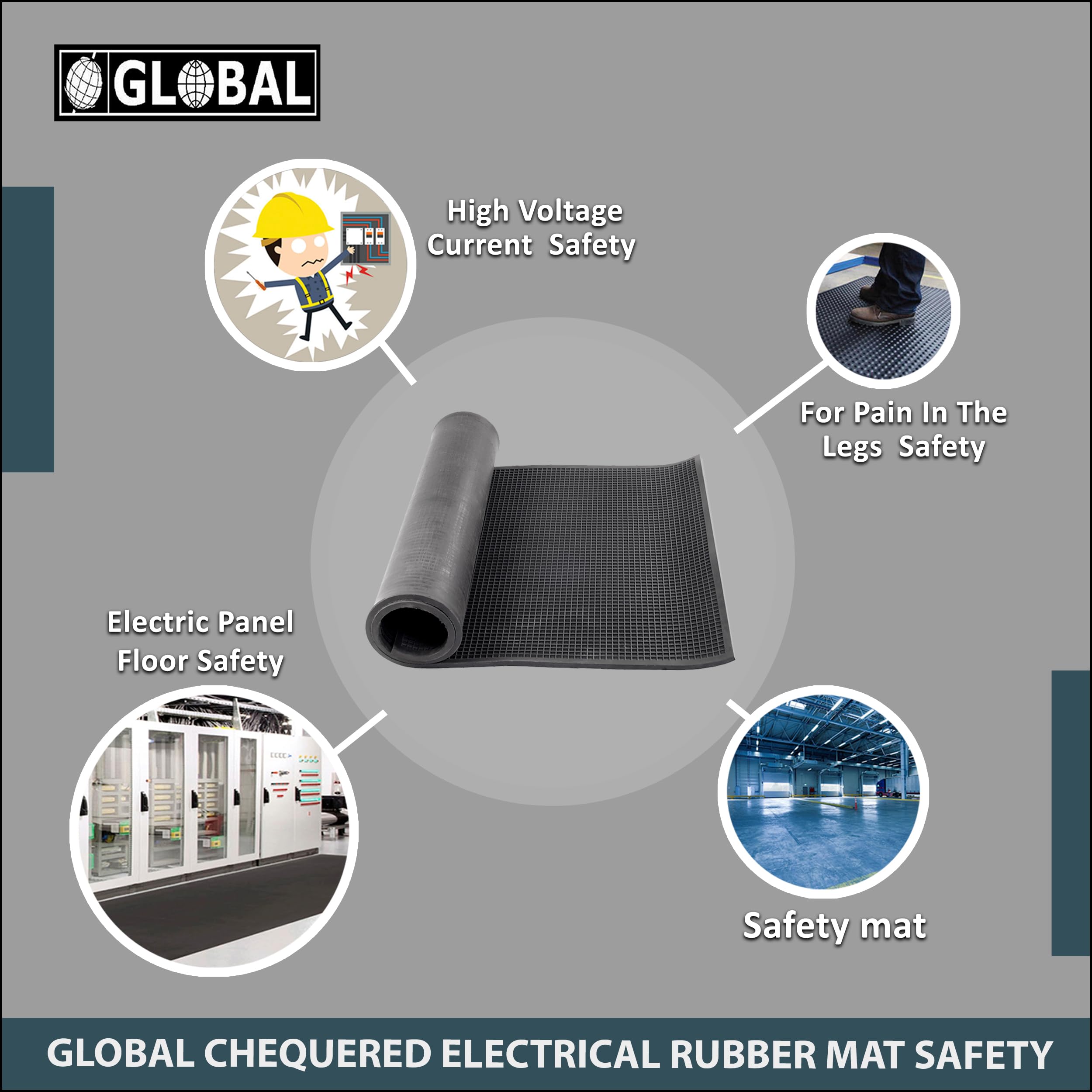 GLOBAL PREMIUM Chequered Electrical Rubber Mats, Thickness 6mm (Black, 1 Mtr X 2 Mtr) - 1 Pc/Insulating Rubber Mat, Anti – Skid, Shock Proof, Insulation Rubber Mat - Image 3 thumbnail