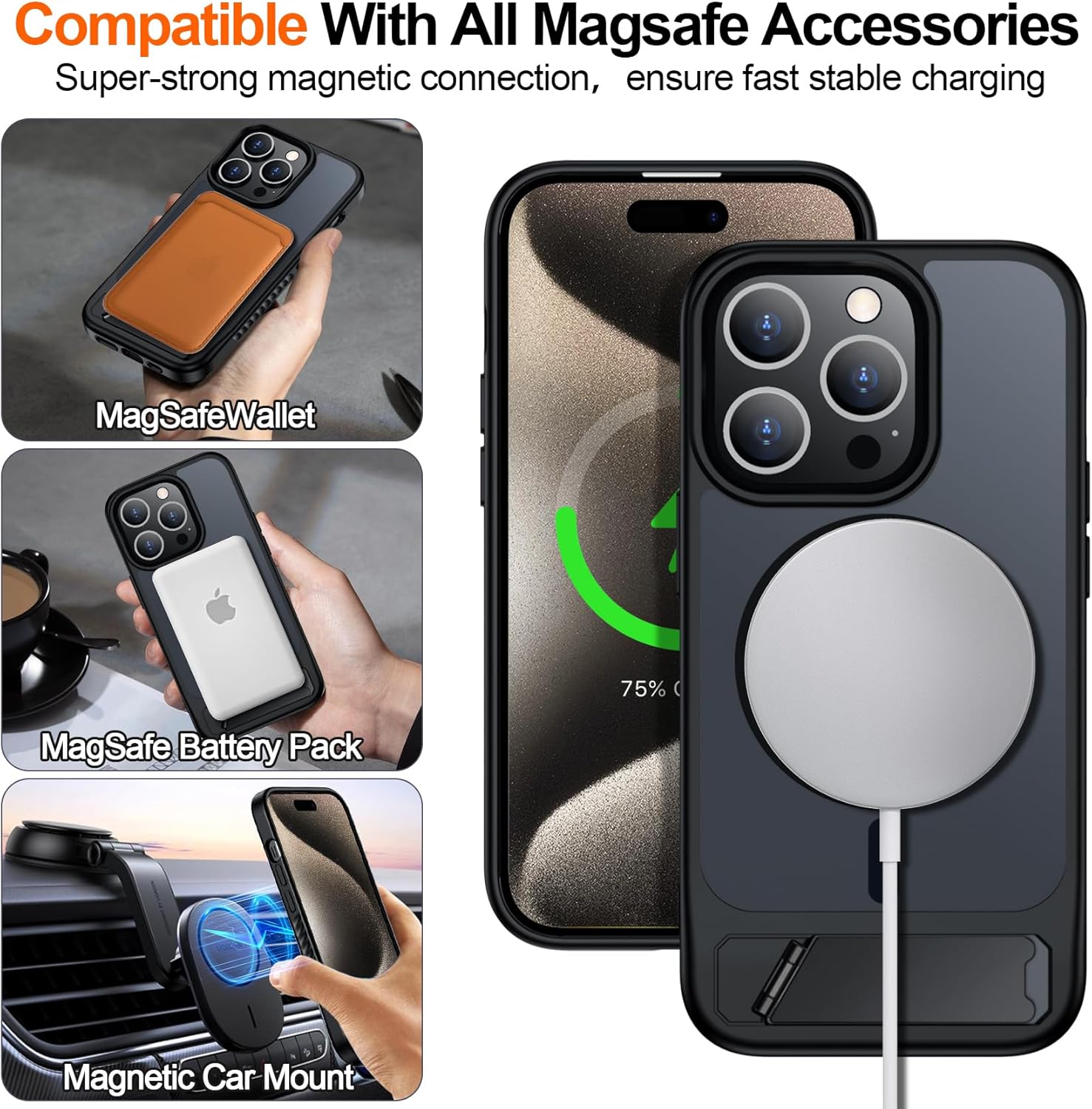 for iPhone 15 Pro Max Case with Kickstand,[Compatible with Magsafe] Slim Translucent Matte Military-Grade Protection & Anti-Yellowing,Magnetic Phone Case for iPhone 15 Pro Max,Black - Image 4
