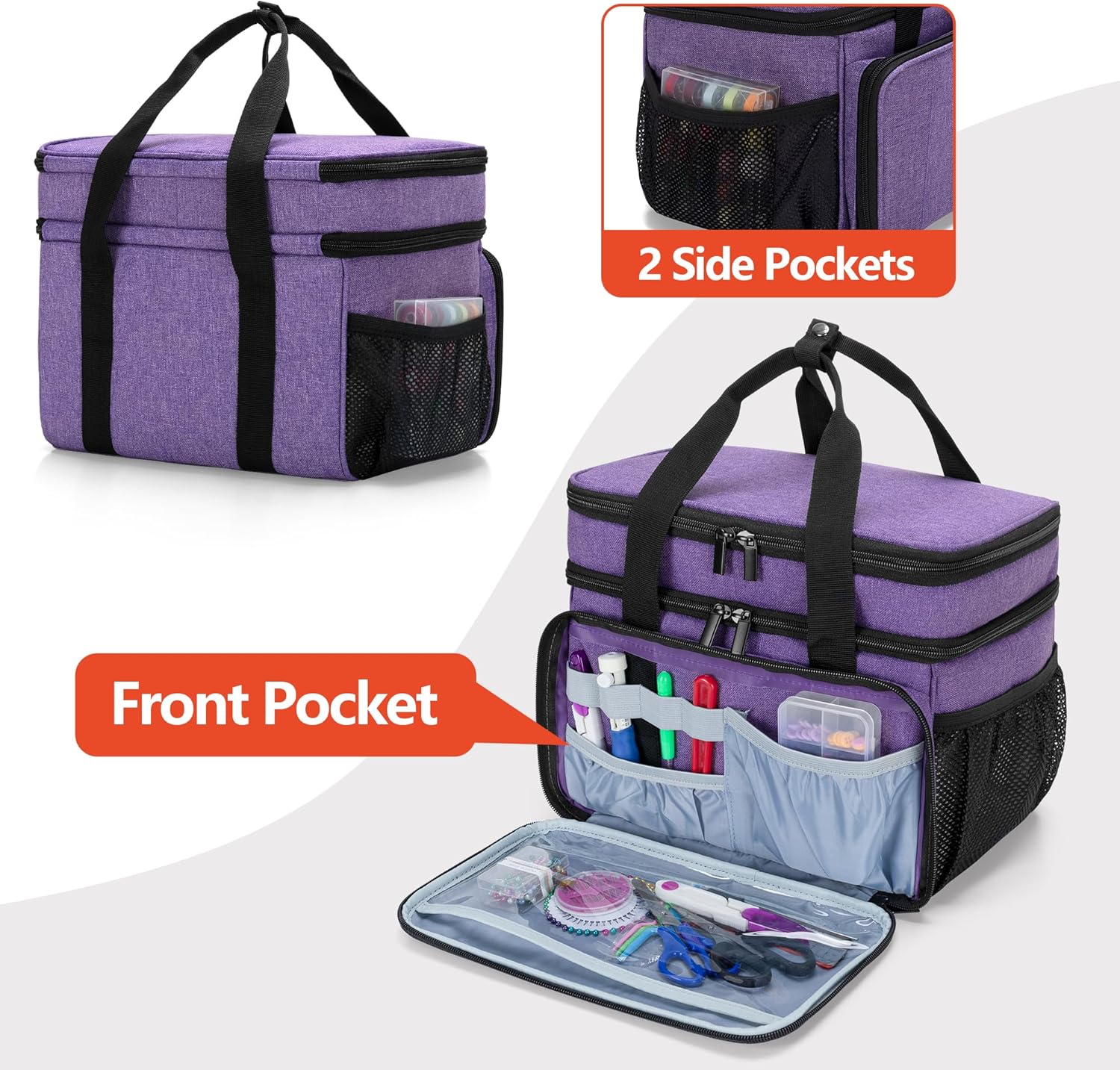 LUXJA Large Sewing Organizer with Many Compartments, 2 Layers Sewing Storage Bag with Varisized Pockets for Sewing and Crafting Supplies (Bag Only), Purple