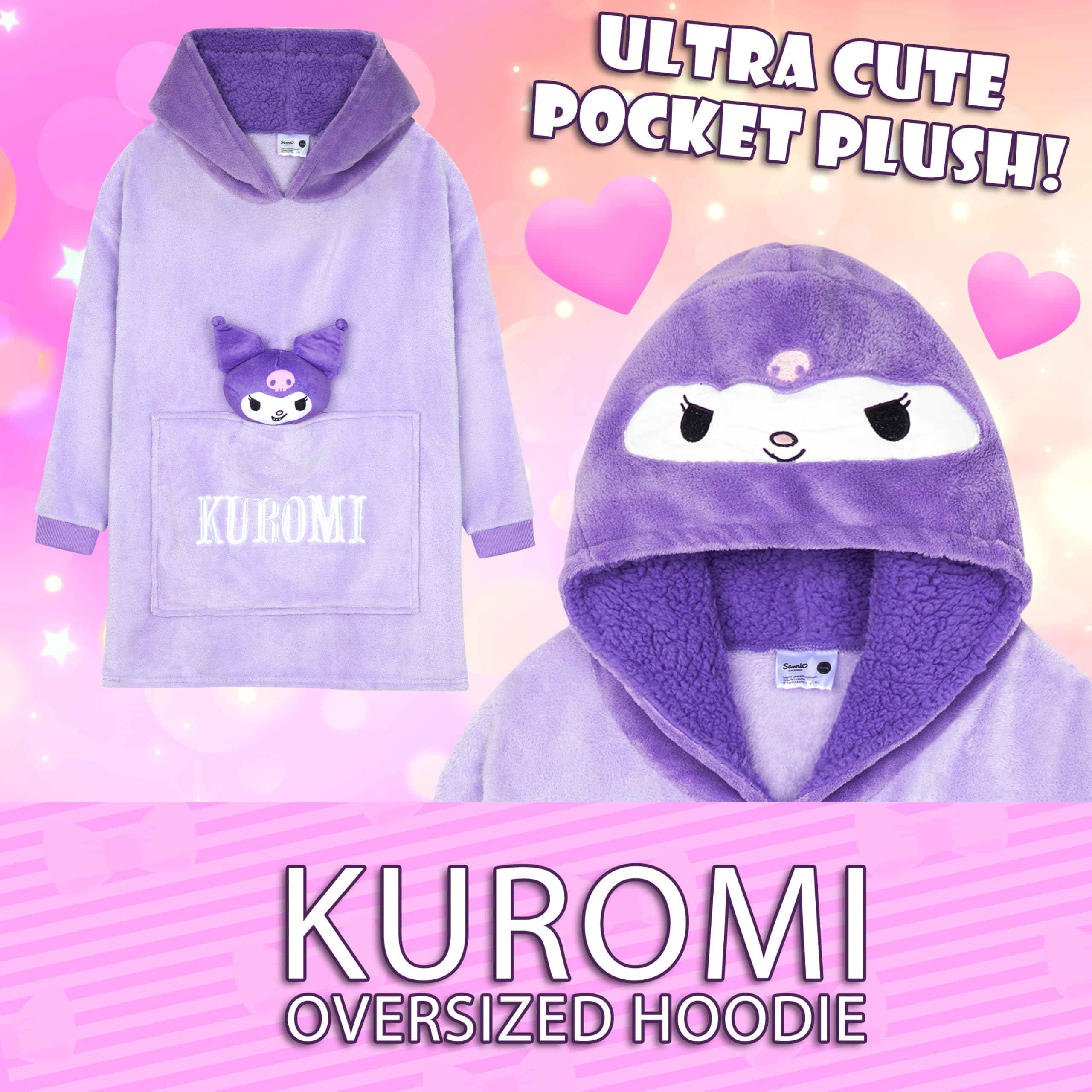 Hello Kitty Sanrio Sudadera con Capucha Niña, Kuromi Cinnamoroll Manta con Mangas y Peluche Adjunto, Regalos de Anime