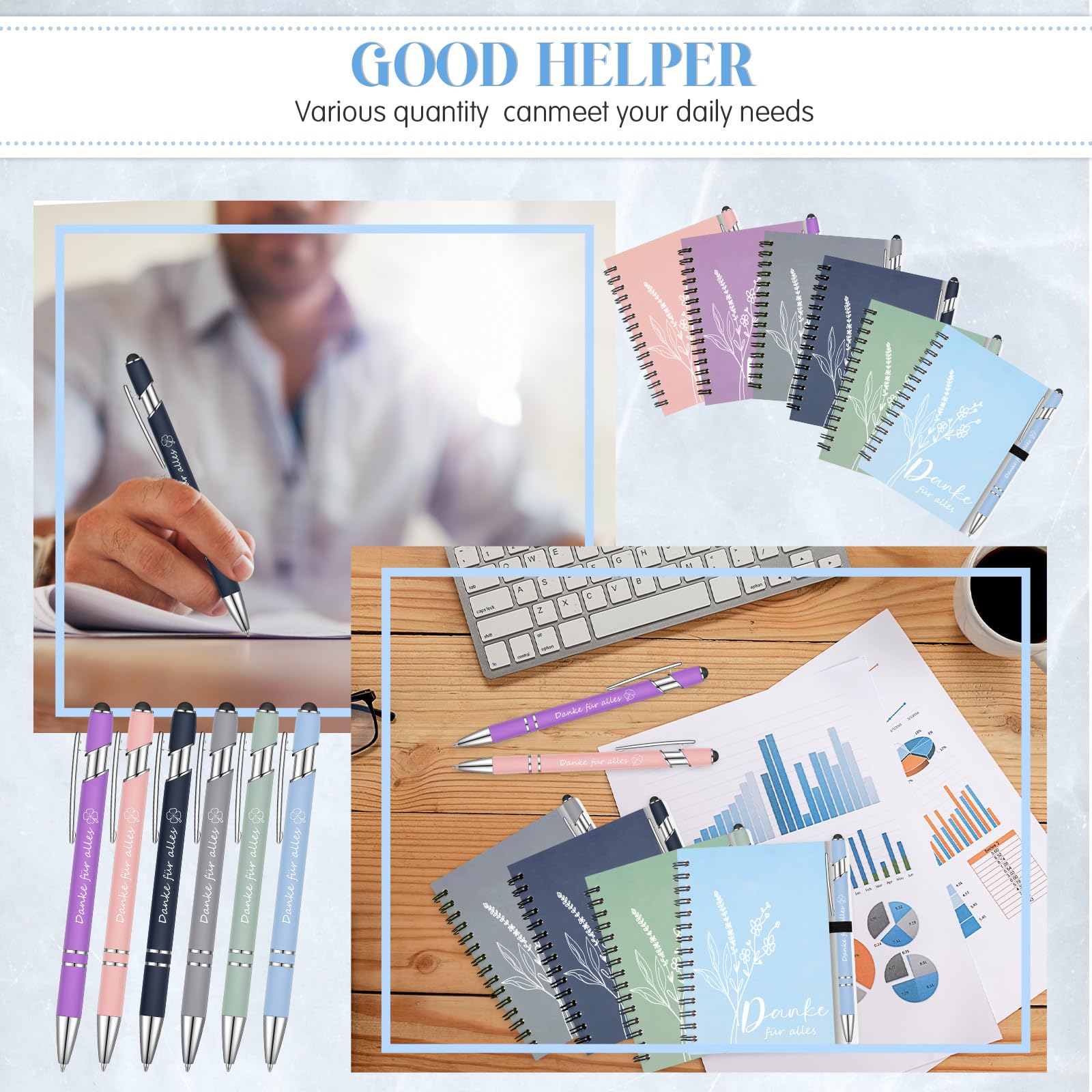 Sinmoe 6 Sets Dankeschön Geschenke für Kollegen 6 Spirale Notizblock, 6 Kugelschreiber mit Touchpen Abschiedsgeschenk für Kollegen Motivierendes Geschenkset für Weihnachten(Danke für Alles)