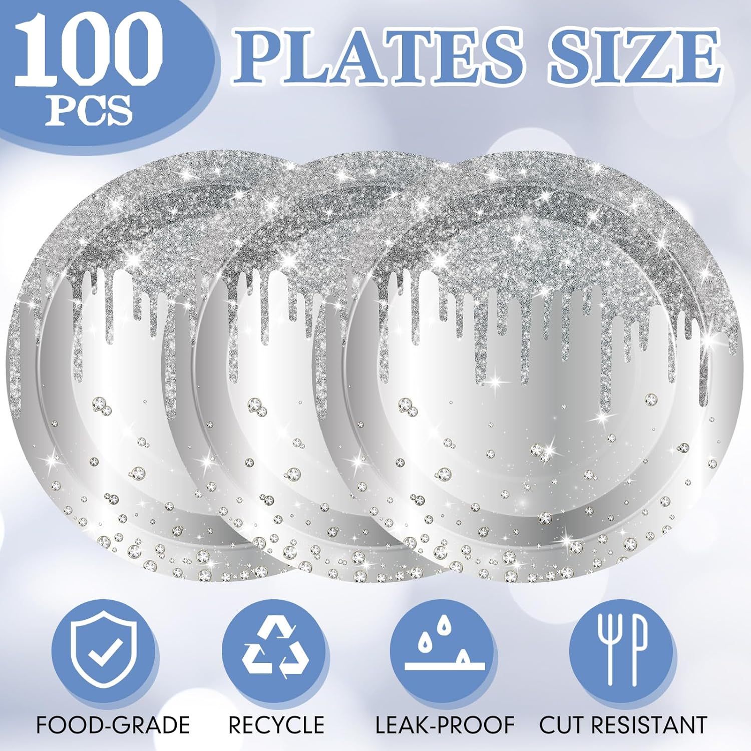 100 Pcs Silver Glitter Paper Party Plates 7 Inch Disposable Birthday Dessert Cake Plate Diamond Birthday Party Dish Decorations for Weeding Baby Shower Supplies - Image 3