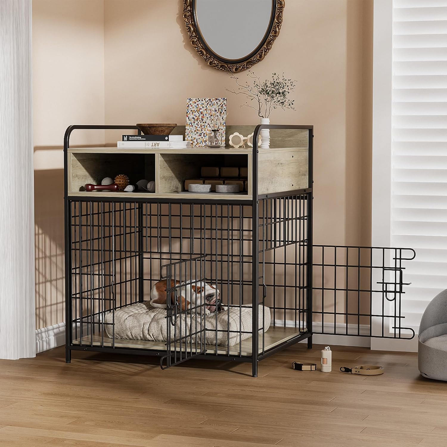 Saudism Small Dog Crate Furniture, Puppy Dog Kennel Indoor, Wood Dog Cage Table with Drawers Storage, Heavy Duty Dog Crate, Jaula para Perros, Sturdy Metal, 27.6" L×20.5" W×31.9" H