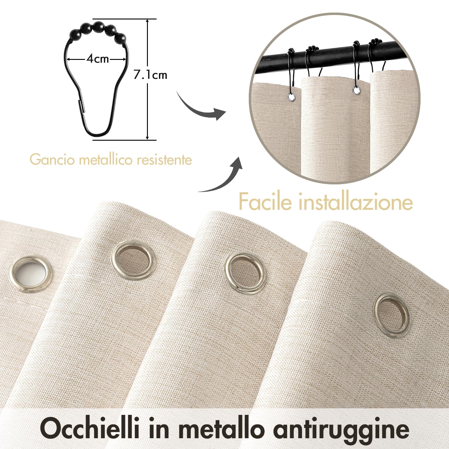 MIULEE Tenda da doccia in lino ondulato 180x200 cm Beige, tende da doccia impermeabili per hotel di lusso, tenda da bagno in tessuto lavabile antimuffa con 12 ganci in metallo.