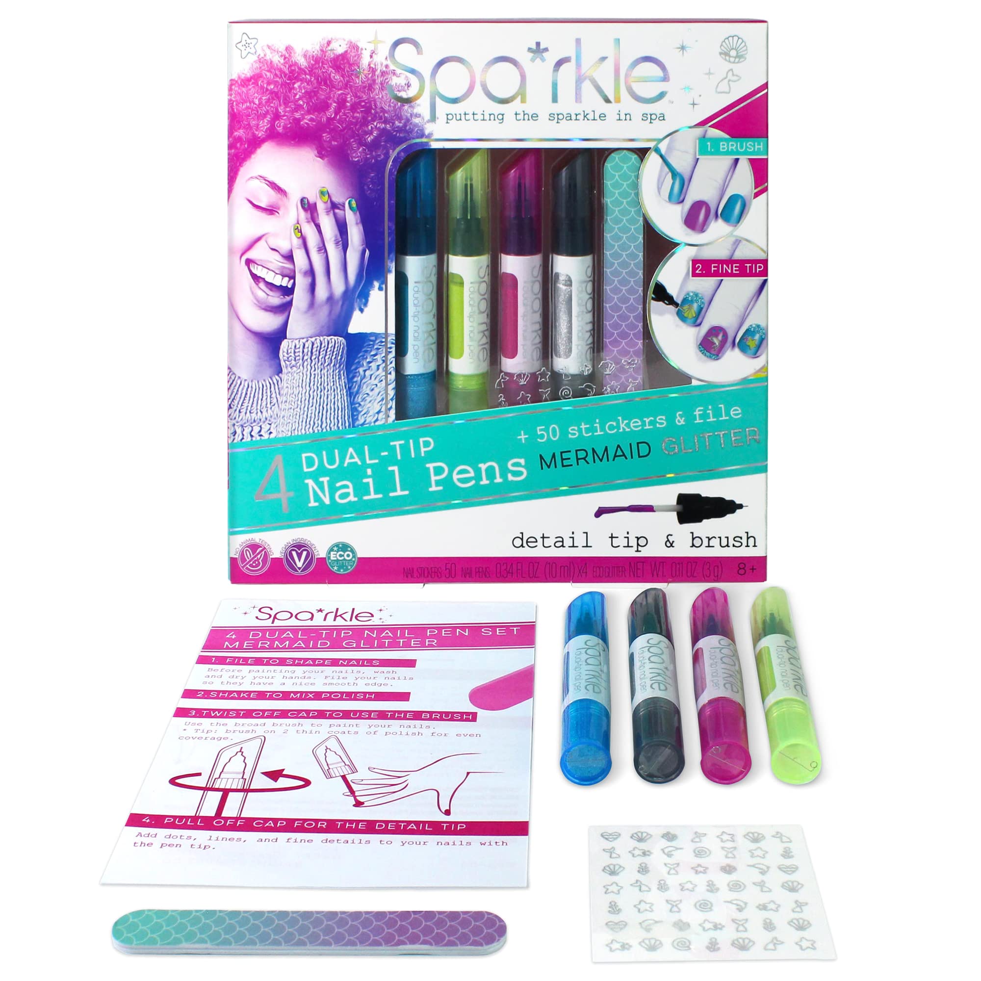 Bright StripesSPARKLE Nail Art Kit - 4 Dual-tip Nail Pen Set Mermaid Glitter