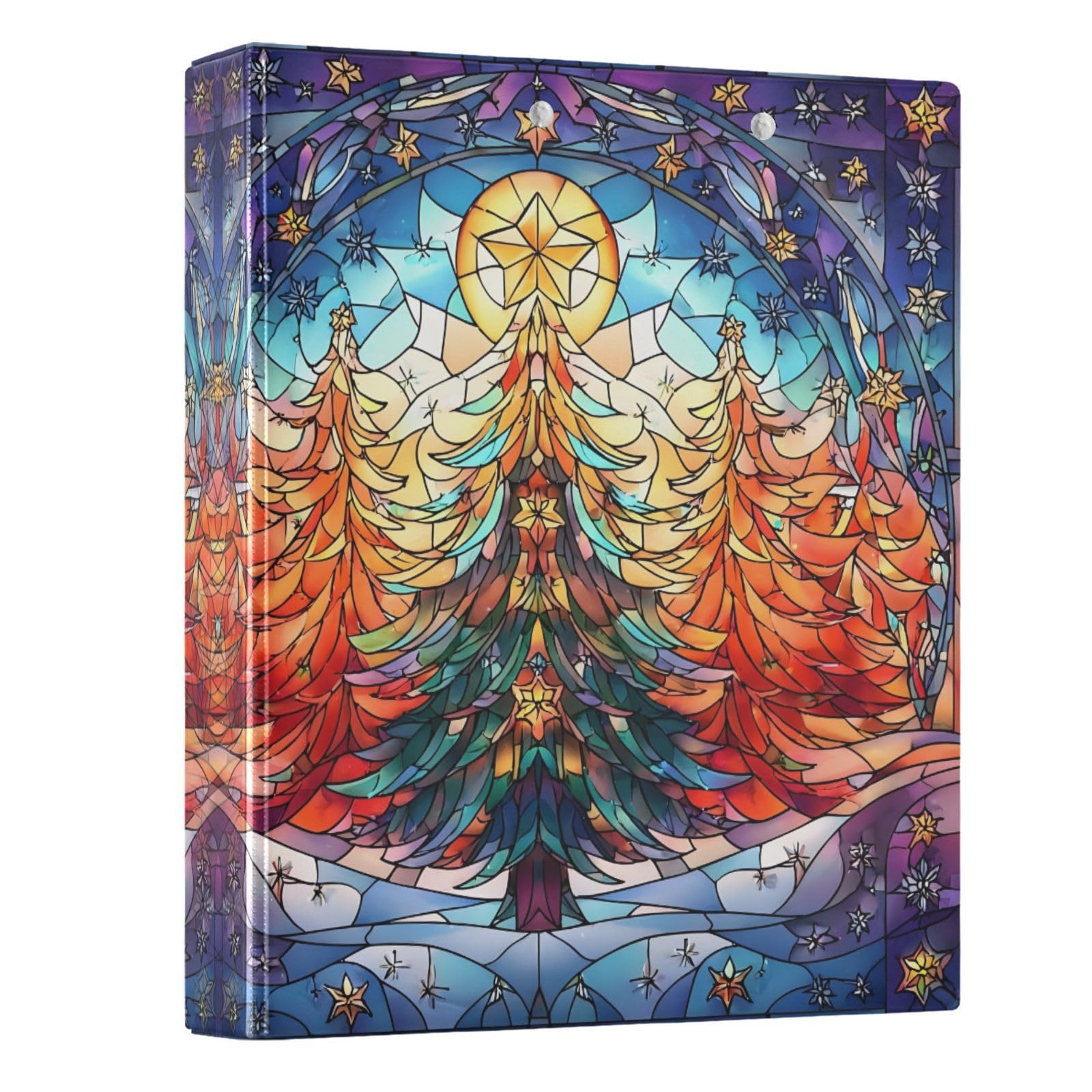 3 Ring Binder Stained Glass Christmas Tree Red 1.5 inch Binders