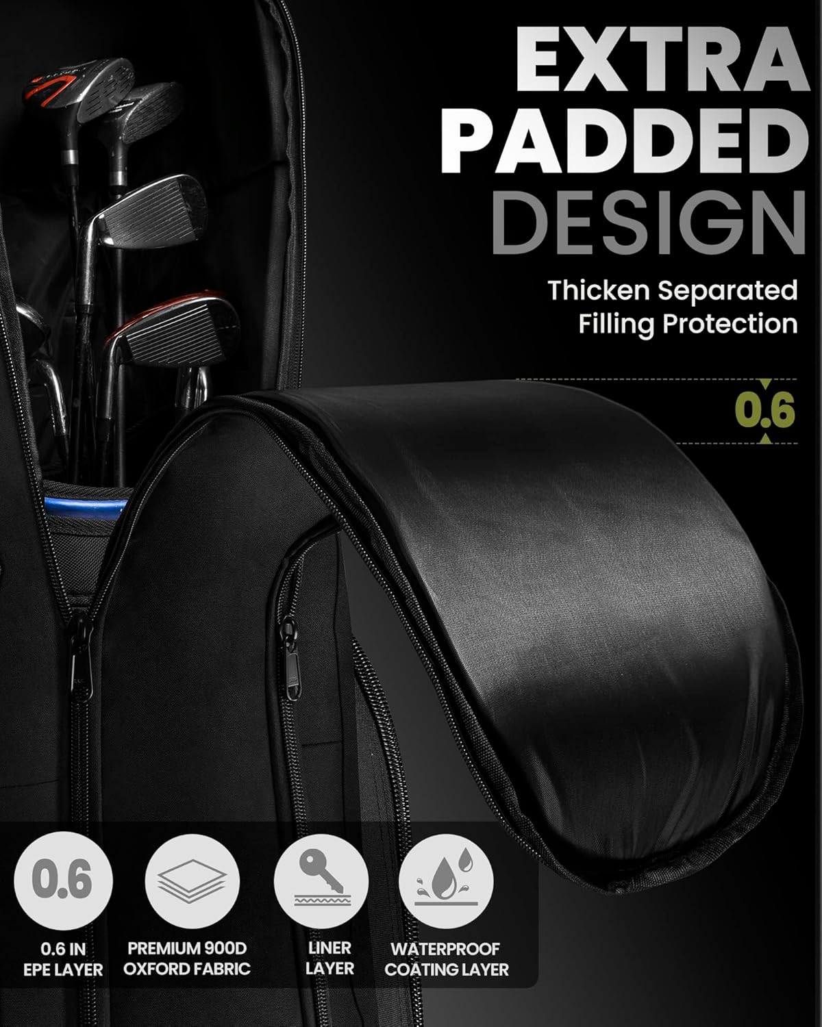 OutdoorMaster Padded Golf Travel Bag with Reinforced Wheels, 900D Heavy Duty Oxford Wear-Resistant and Waterproof Golf Travel Case, Soft-Sided Golf Club Bag, Shoes and Accessories Compartment - Image 2