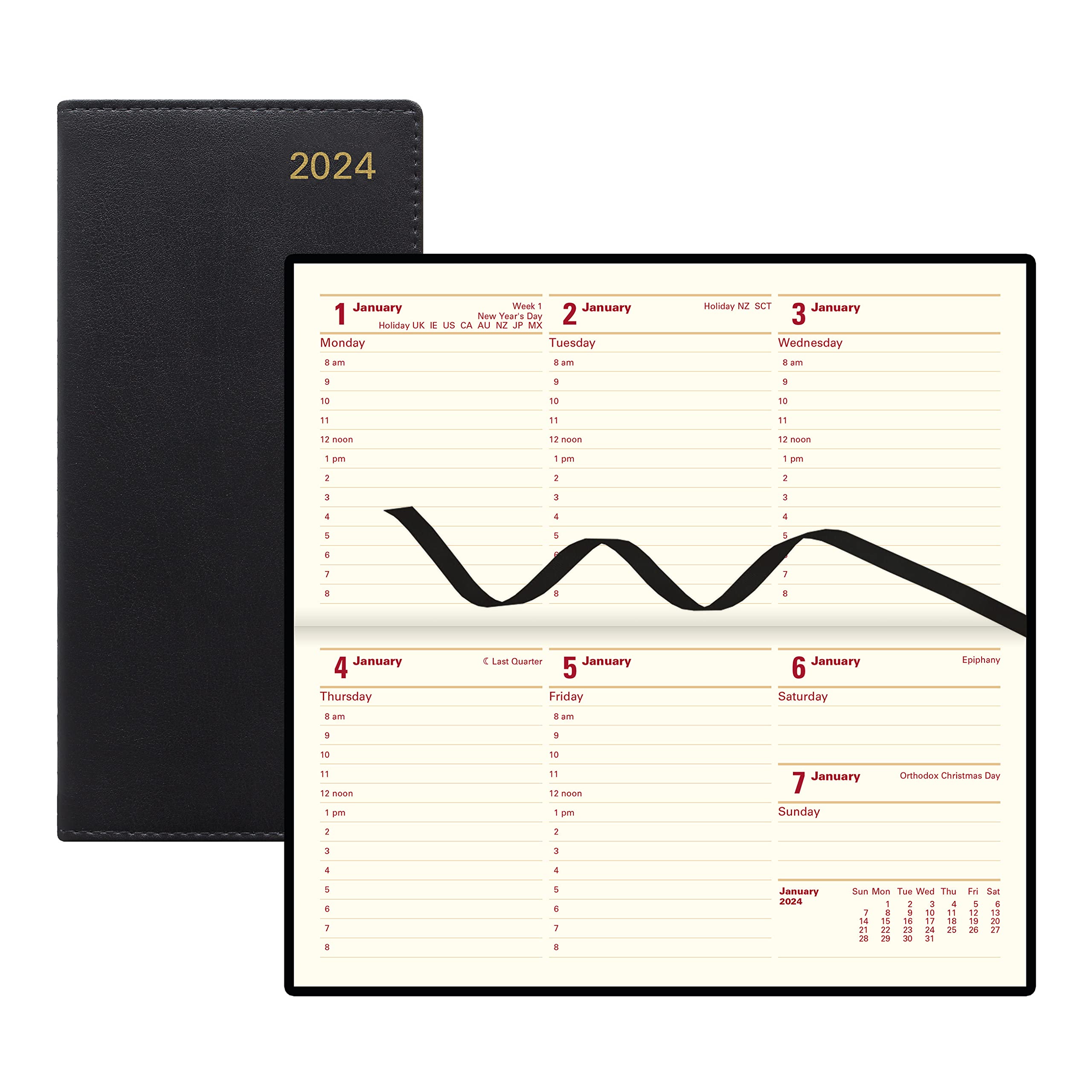 LETTSof London Belgravia Weekly/Monthly Planner, 12 Months, January to December, 2024, Appointments, Horizontal, Slim Size, 6.625" x 3.25", Black (C33SBK-24)