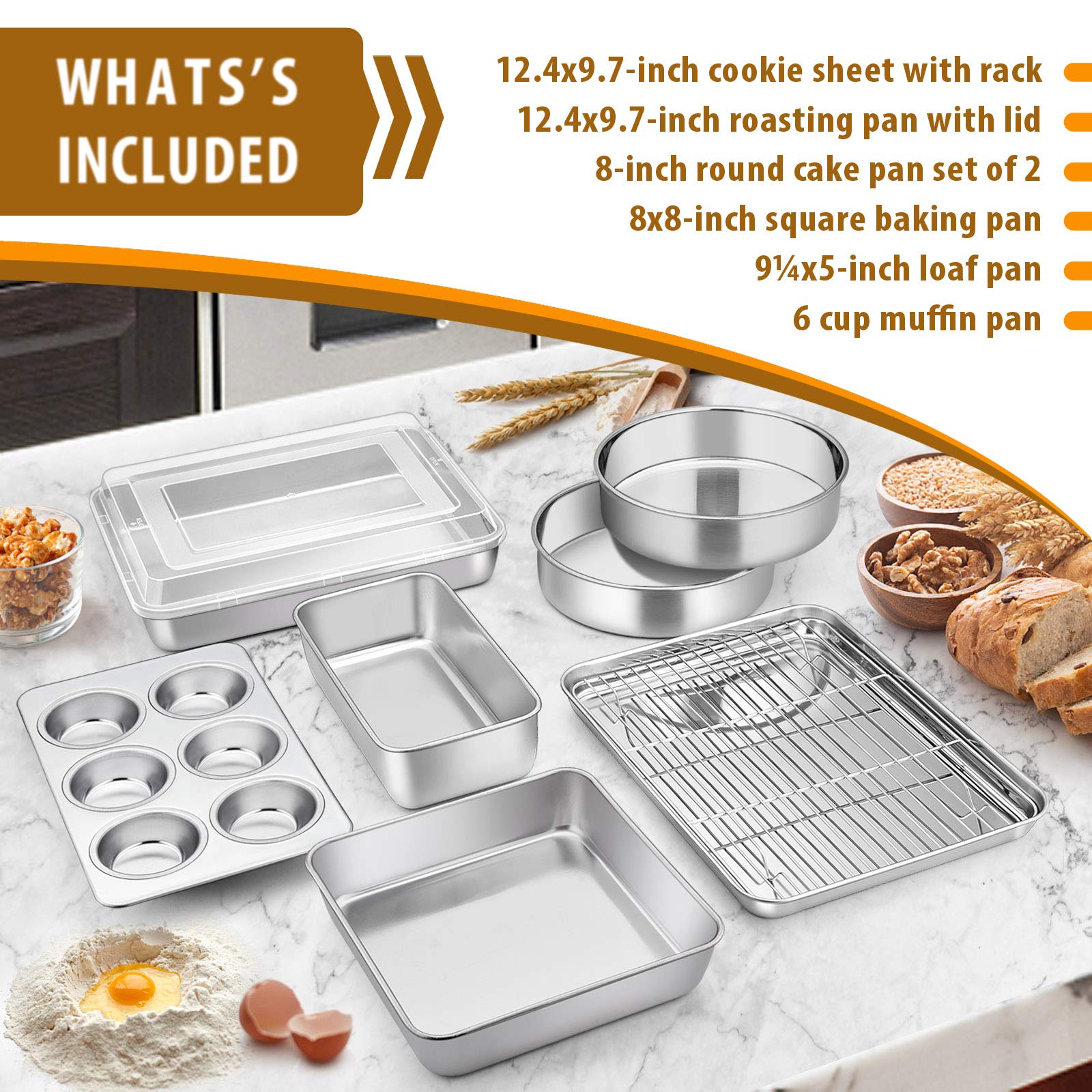 E-far E-far - Juego de moldes para hornear de acero inoxidable, 9 piezas, incluye moldes redondos y cuadrados de metal, bandeja rectangular con tapa, molde para pan, molde para magdalenas, bandeja