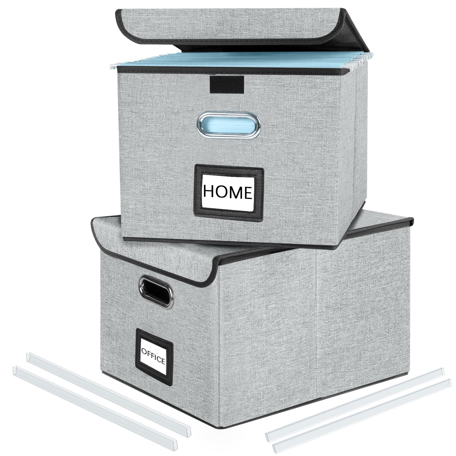 HuolewaUpgraded Collapsible File Storage Organizer Boxes with Lids, Portable Large Linen Hanging Filing Storage Boxes, Decorative Home/Office Filling System for File and Folder Storage (Grey)-2 Pack