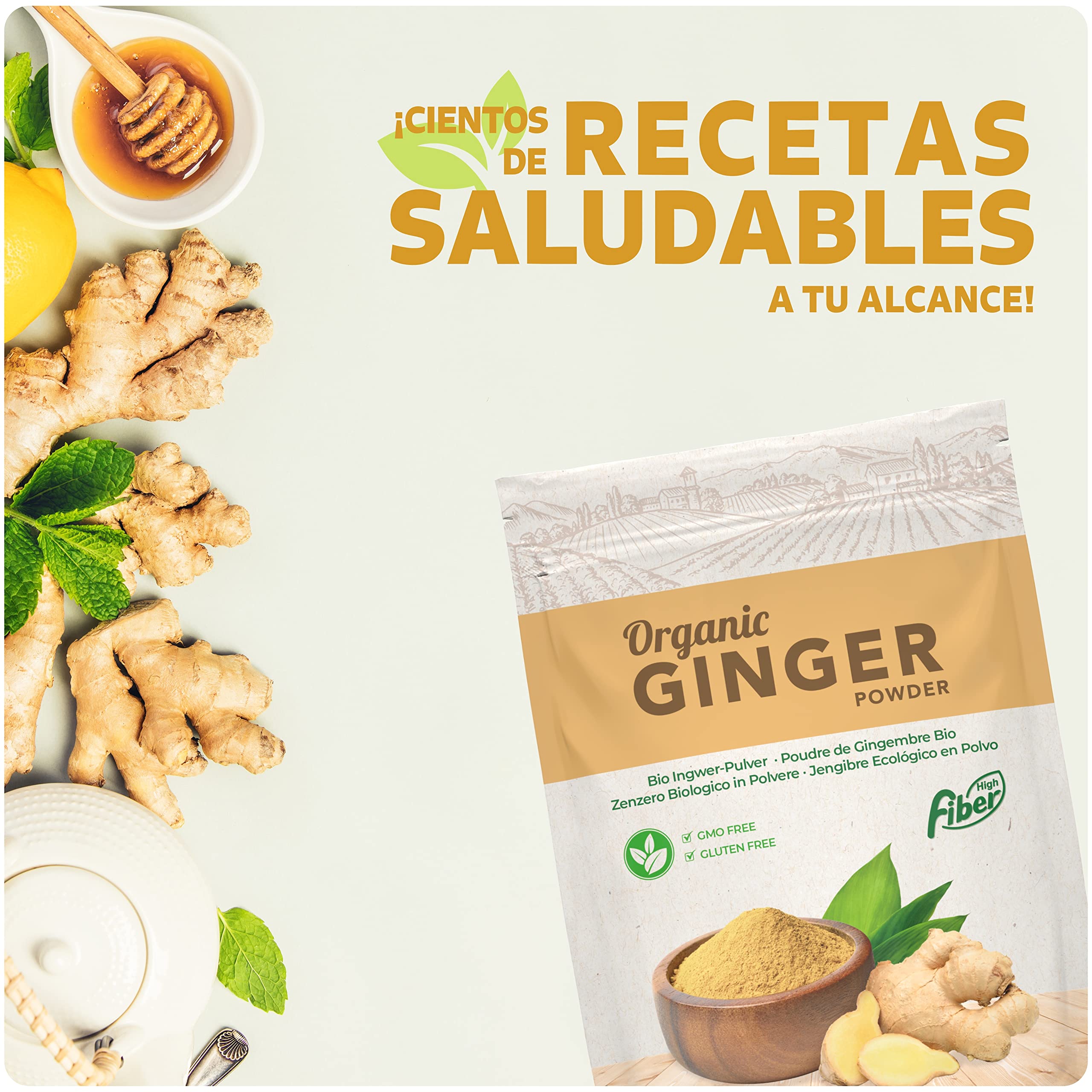 Nortembio Jengibre Ecológico en Polvo 100 g. Origen 100% Natural. Especial para Infusiones. Jengibre Seco Molido Sin Aditivos ni Conservantes, Vegano y Sin Gluten. E-Book con Recetas Incluido.