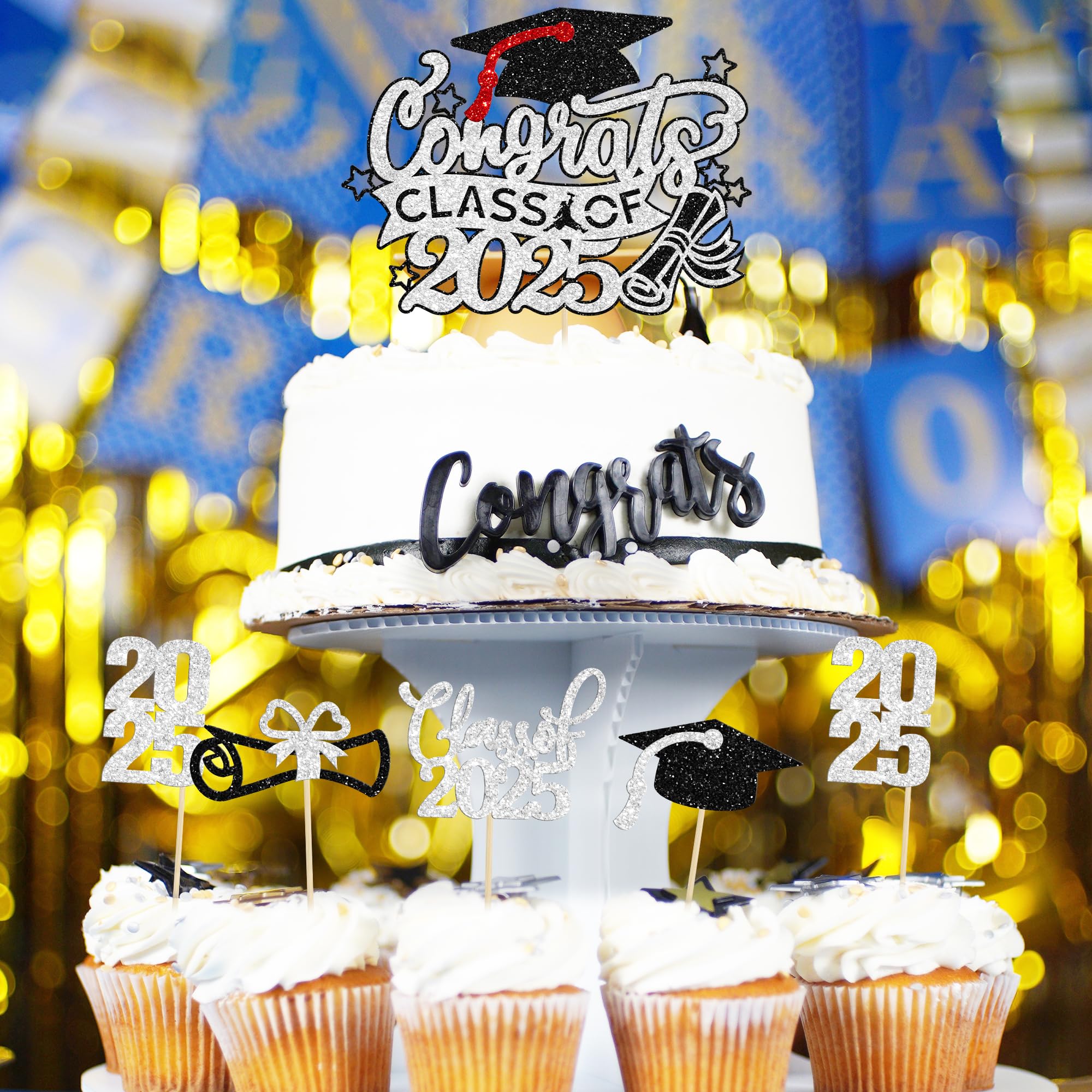 Gyufise 25Pcs Graduation Cupcake Toppers Congrats Grad Class of 2026 Cake Decoration for We Are Proud of You Themed Graduation Cap Diploma Cake Decorations Iโm Done Party Supplies Black Silver - Image 4
