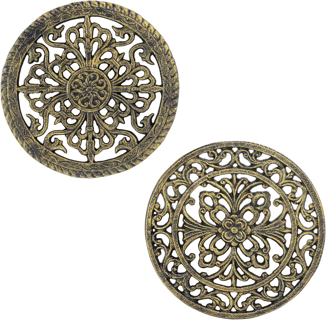 Sungmor 2 Pack Cast Iron Trivets for Hot Dishes - Round Decorative Metal Pot Plate Holder, Heat Resistant Table & Counter Protector for Kitchen and Dining - Vintage Scroll Pattern, Gold Finish