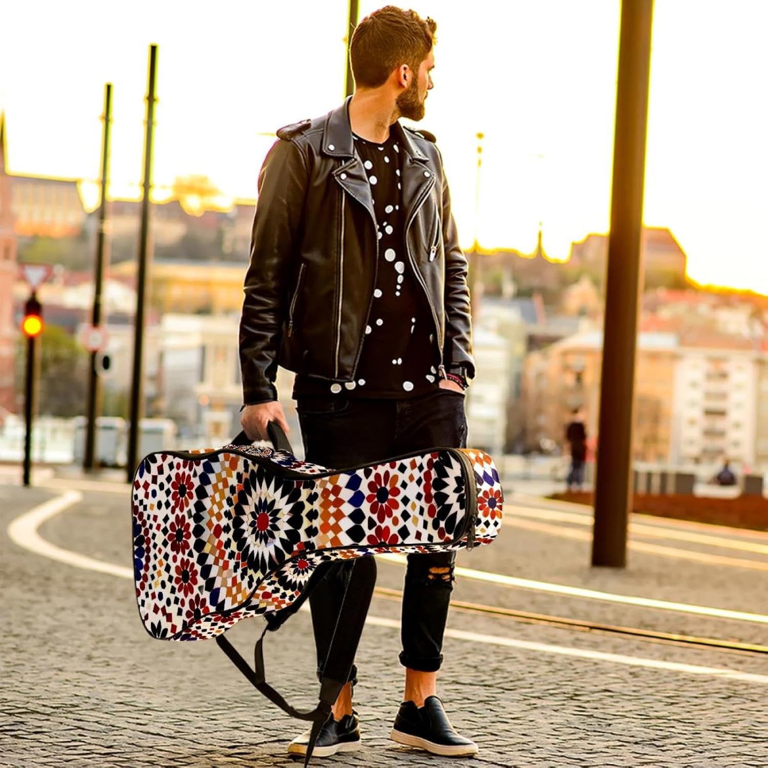 Acoustic Guitar Gig Bag 1 cm Thick Padding, Waterproof Electric Guitar Bag 40-42 Inch Guitar Case Backpack with Dual Shoulder Strap, Aesthetic Moroccan Pattern