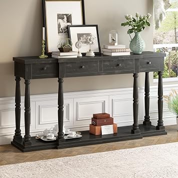 63Long Retro Senior Console Table with 4 Front Facing Storage Drawers and 1 Open Bottom Shelf, Wooden Sofa Table Sideboard for Hallway Entryway Bedroom Living Room Antique Black-kkd24