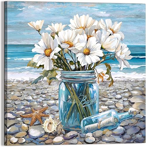 Miniatura 10 de Decoración de baño, arte de pared de playa, tema oceánico, imagen azul, impresión en lienzo, obra de arte costera moderna, enmarcada para colgar,