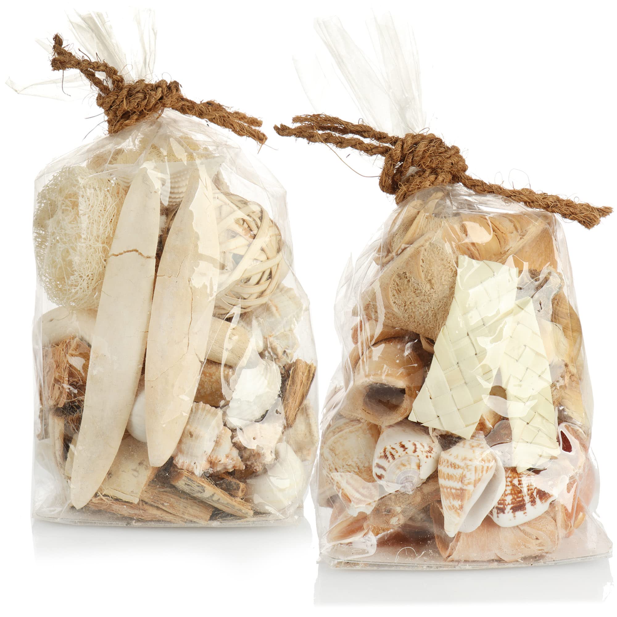 COM-FOUR® 2x bags filled with beautiful shells and wood in the color beige for your sea feeling at home. (2x bag - shells beige)