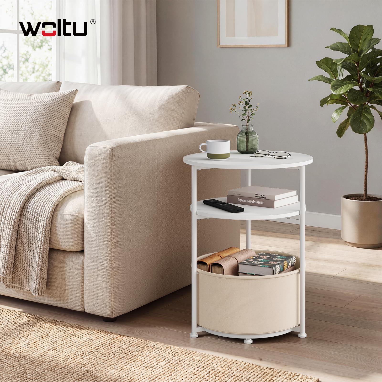 WOLTU Mesita de Cafe Redonda, Mesa Pequeña Auxiliar con Cesta de Lona de Almacenamiento, Estructura de Metal, Mueble Multiuso para Salon, Balcon, Dormitorio, Blanco + Beige